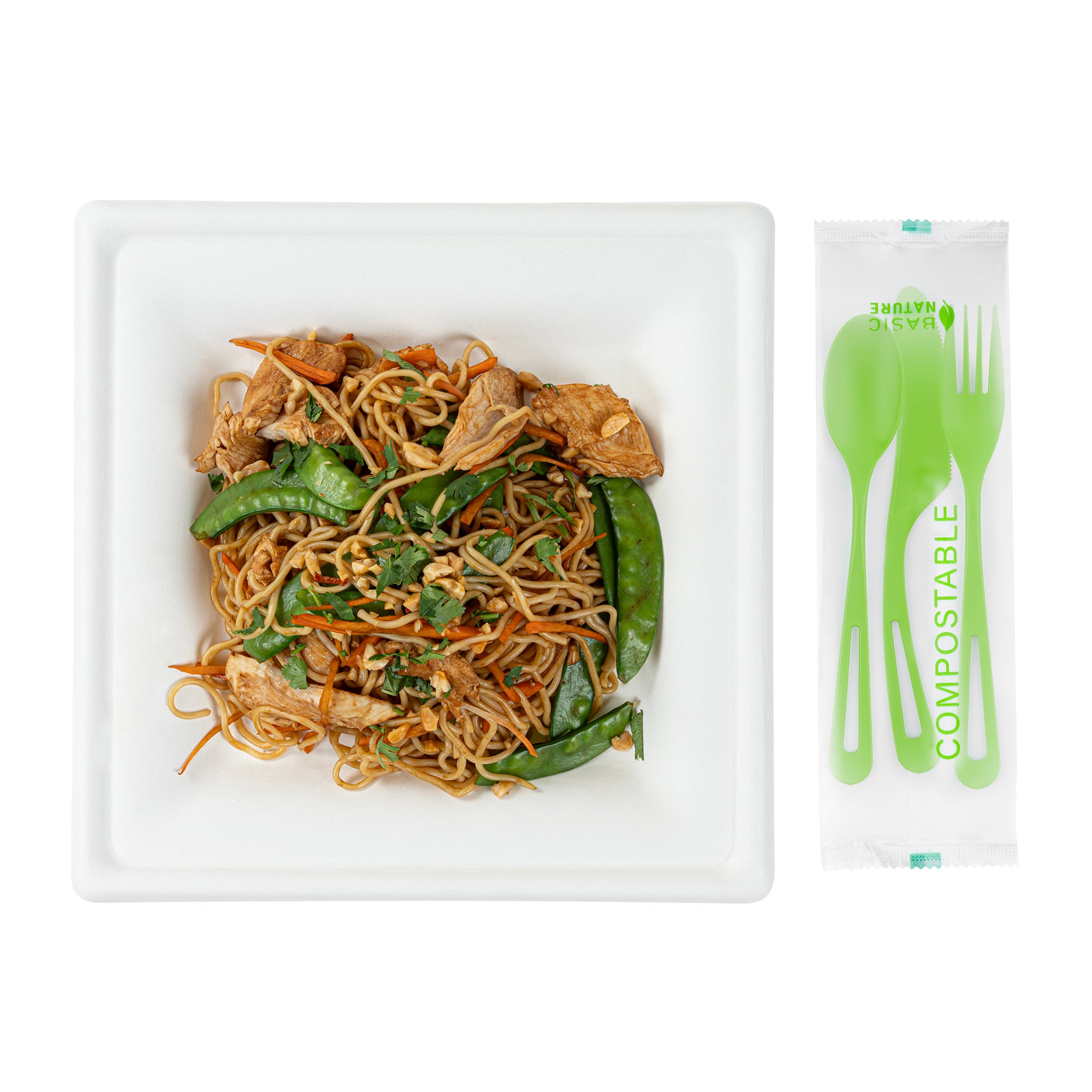 Eco-Friendly Green CPLA Plastic Cutlery Set - 100-Piece Compostable Cutlery with Heat-Resistant Wrapper (7.5