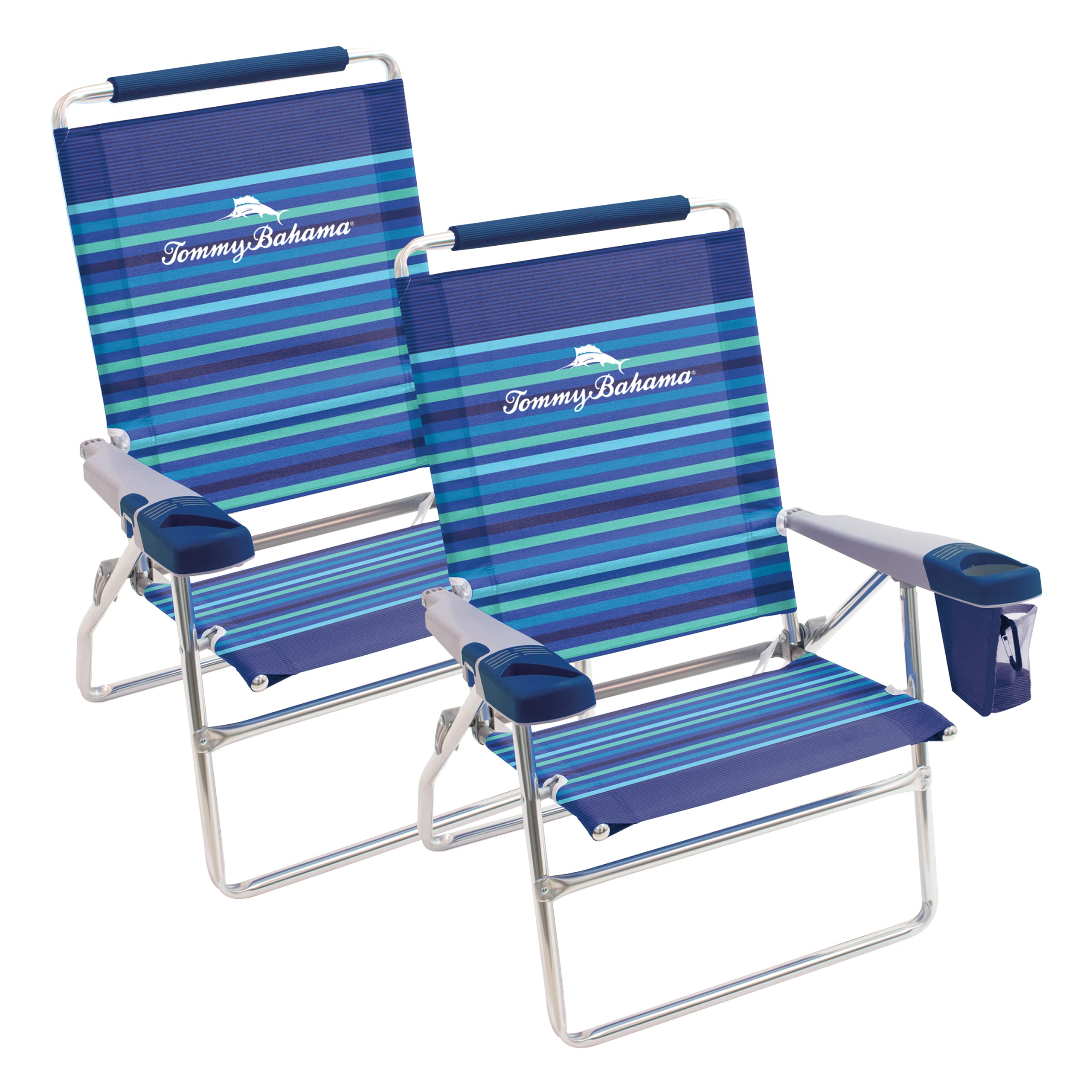 Tommy Bahama Set of 2 Highboy 4-Position Adjustable Beach Chairs with 15-Inch Seat Height, Cup Holder, Side Storage Pouch & Phone Holder - Perfect for Poolside, Backyard, Beach & Outdoor Relaxation