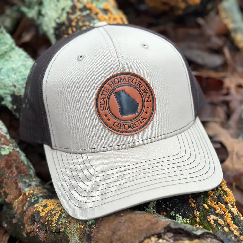 Georgia Pride Leather Patch Hat - Khaki/Brown Adjustable Baseball Cap - State Homegrown Embroidered Logo - Perfect for Outdoor Activities, Sports & Casual Wear
