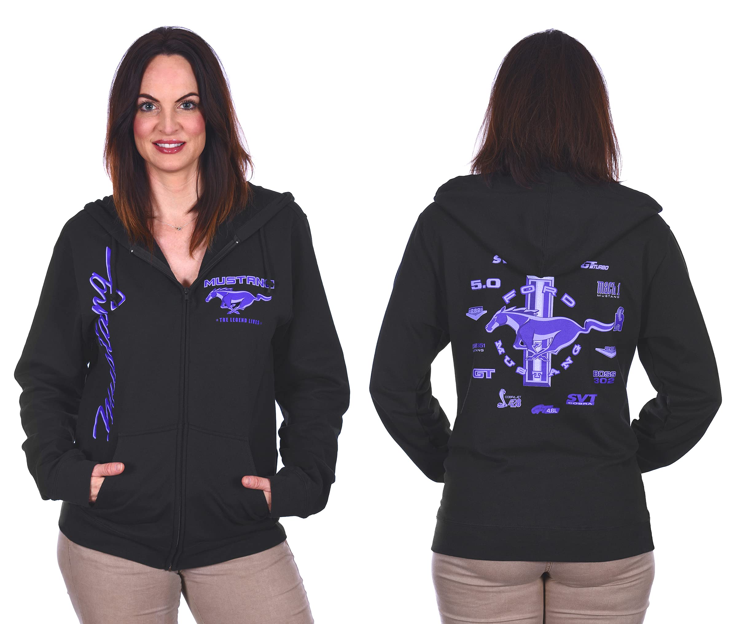 JH Design Group Women's Ford Mustang Graphic Hoodie - Vintage Mustang Collage Zip Up Sweatshirt for Women | Casual Streetwear, Car Enthusiast Gift, Road Trip Outfit