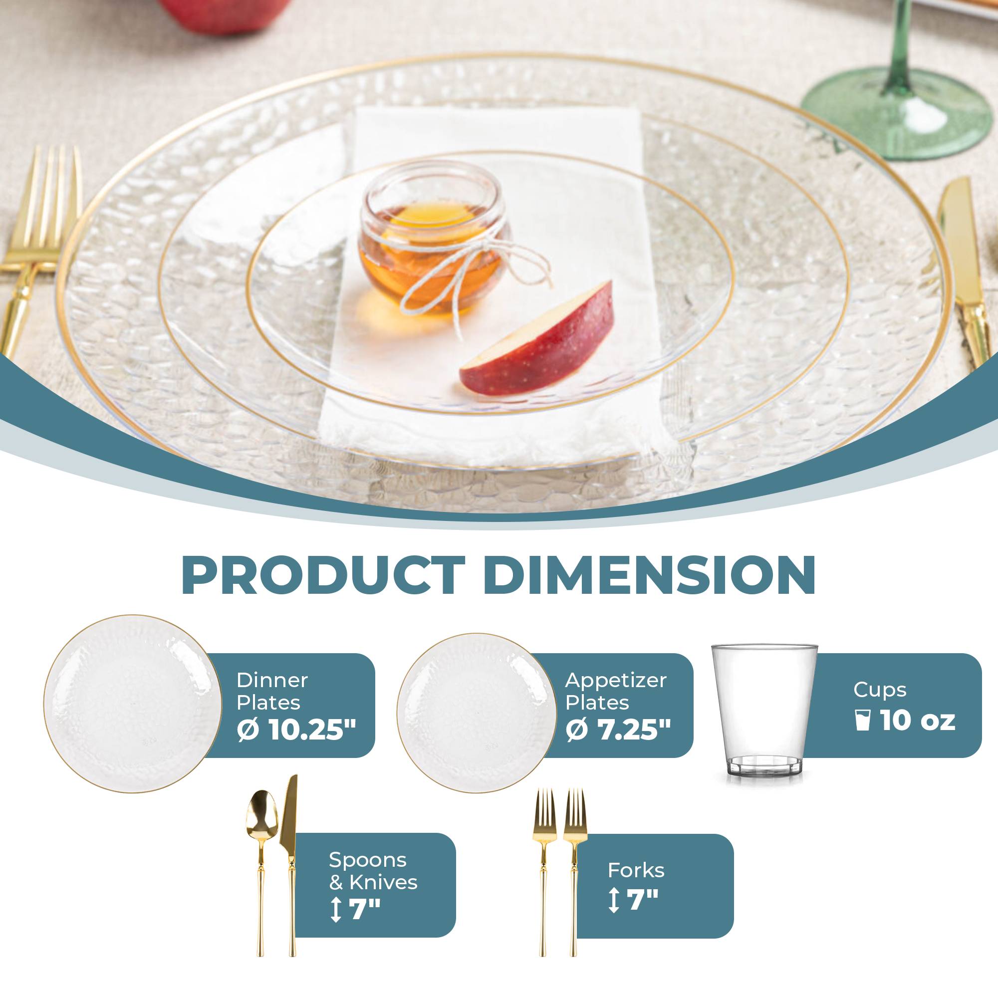 Clear & Gold Plastic Party Bundle - Organic Hammered Disposable Tableware Set for Birthday, Wedding & Holiday Celebrations - Perfect for Outdoor Events, Picnics & Festive Gatherings