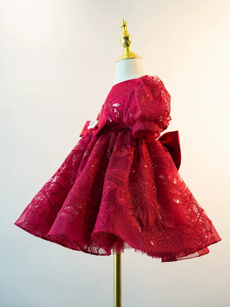 Burgundy Princess Round Tea Length Lace Flower Girl Dress for Weddings, Bridal Parties & Special Occasions