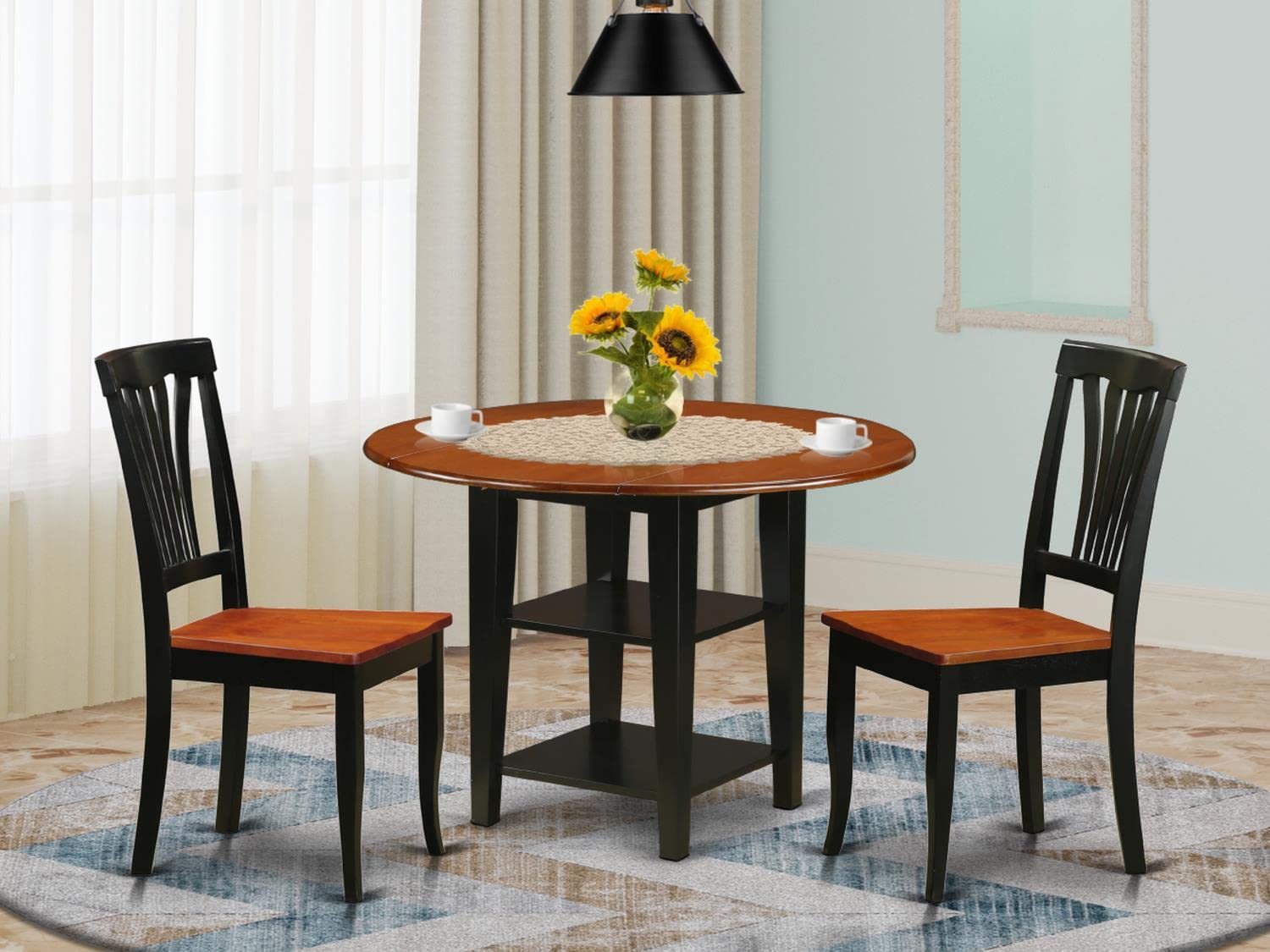 East West Furniture SUAV3-BCH-W 3-Piece Round Dining Table Set with Drop Leaf & Storage Shelves - 42x42 Inch Black & Cherry Finish - Perfect for Small Kitchens, Breakfast Nooks & Compact Dining Spaces