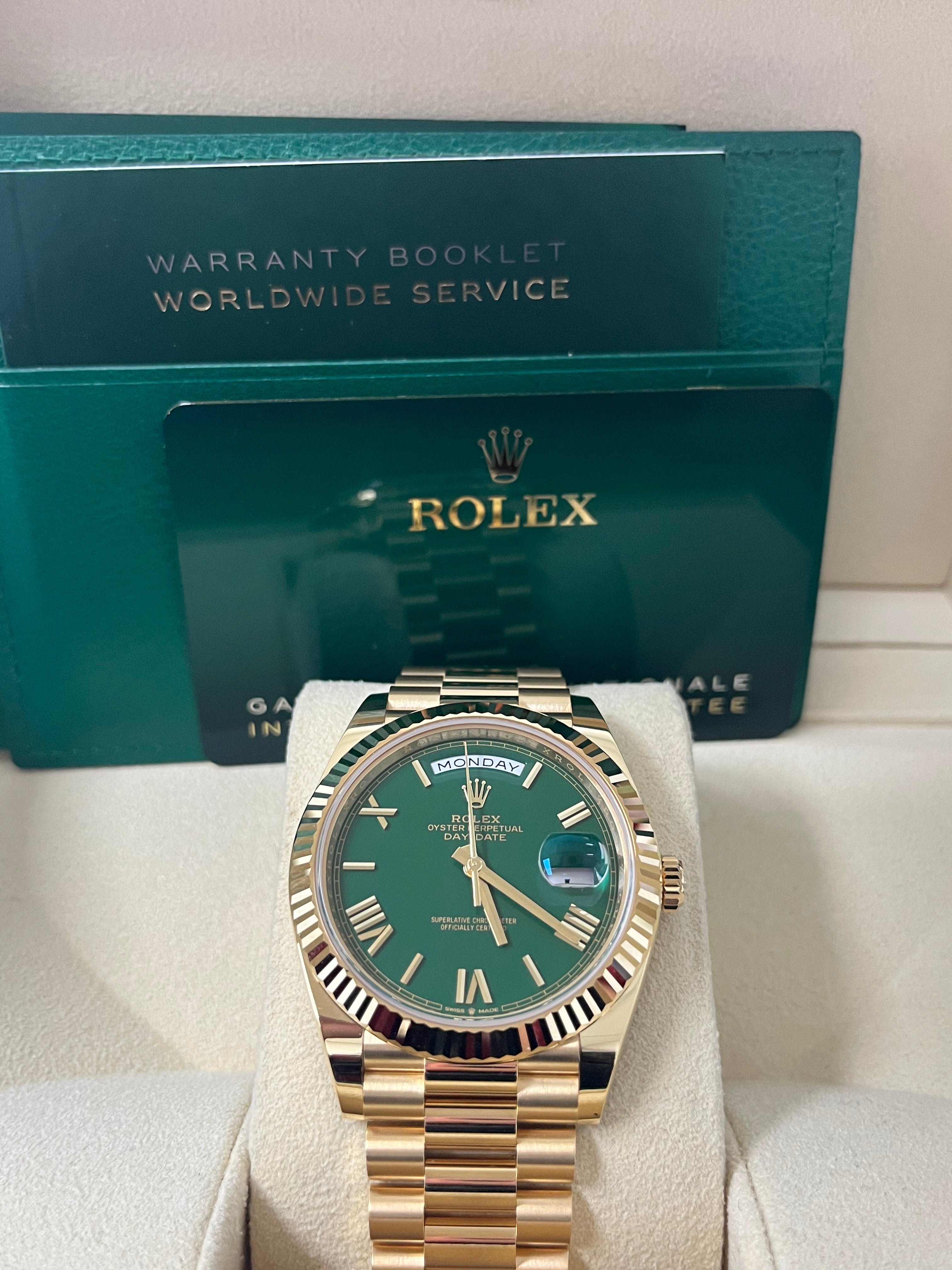 Rolex Day Date 40mm Men's Watch - 18K Yellow Gold Case, Green Roman Dial (Model 228238) | Luxury Dress Watch for Business & Formal Occasions