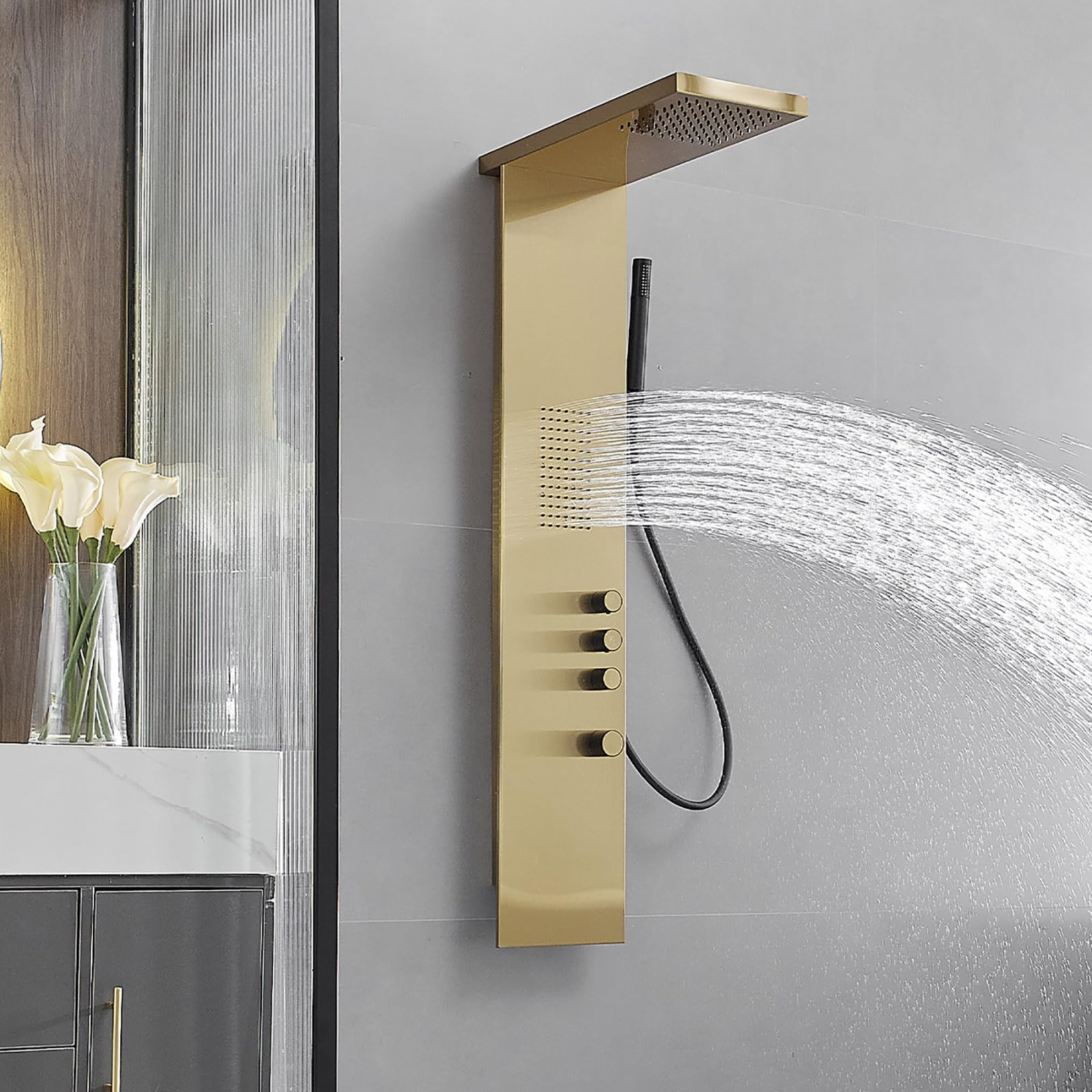 Brushed Gold Shower Tower Panel System with Body Jet Massage & Rainfall Hand Shower - High Pressure Bathroom Fixture for Spa-Like Experience | Perfect for Master Bathrooms & Luxury Home Renovations