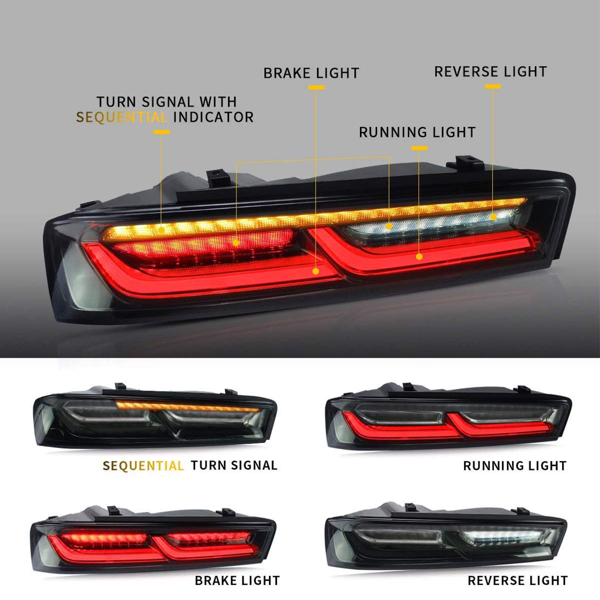 2016-2018 Chevy Camaro Coupe Full LED Tail Lights with Sequential Turn Signal & DRL - Smoked/Clear YAB-CMR-0278 | Upgrade for Enhanced Visibility & Style | Perfect for Night Driving & Car Shows