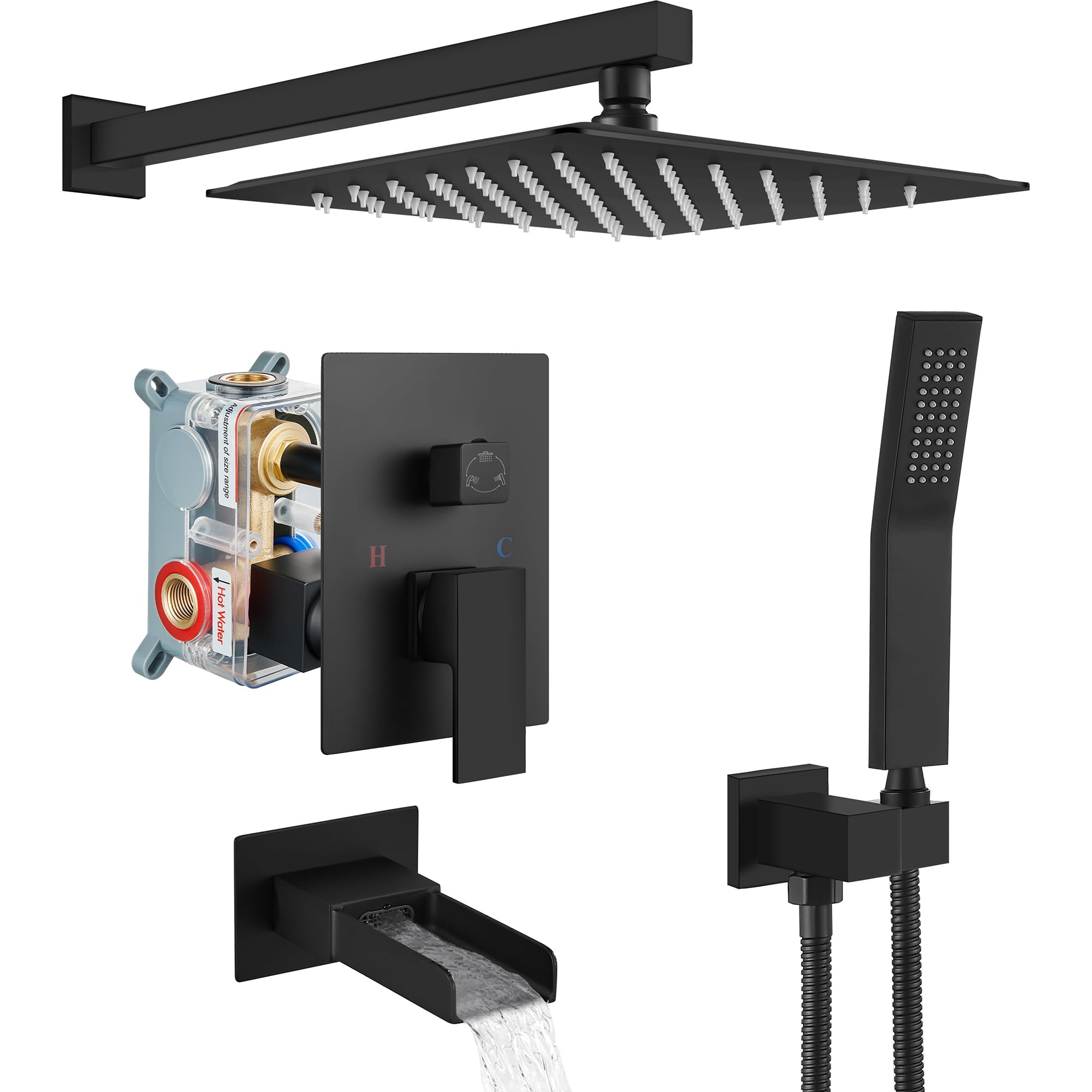 3-Function Matte Black Wall Mount Shower System with Handheld Spray, Waterfall Tub Spout & 10-Inch Rainfall Shower Head - Perfect for Modern Bathroom Renovations and Spa-Like Shower Experiences