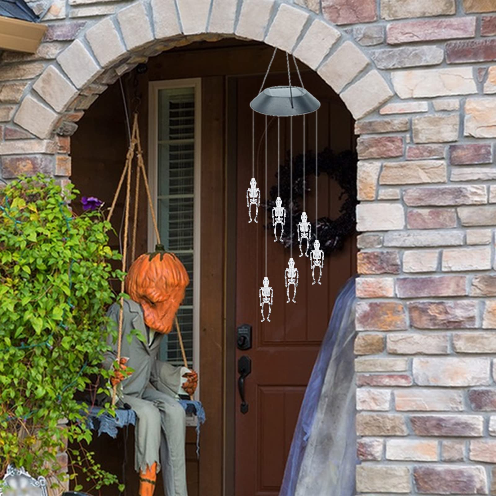 Solar-Powered Halloween LED Skull Lamp & Wind Chime Light - Outdoor/Indoor Decor for Yard, Garden, Pathway | Spooky Party, Porch, Window, Haunted House Decorations