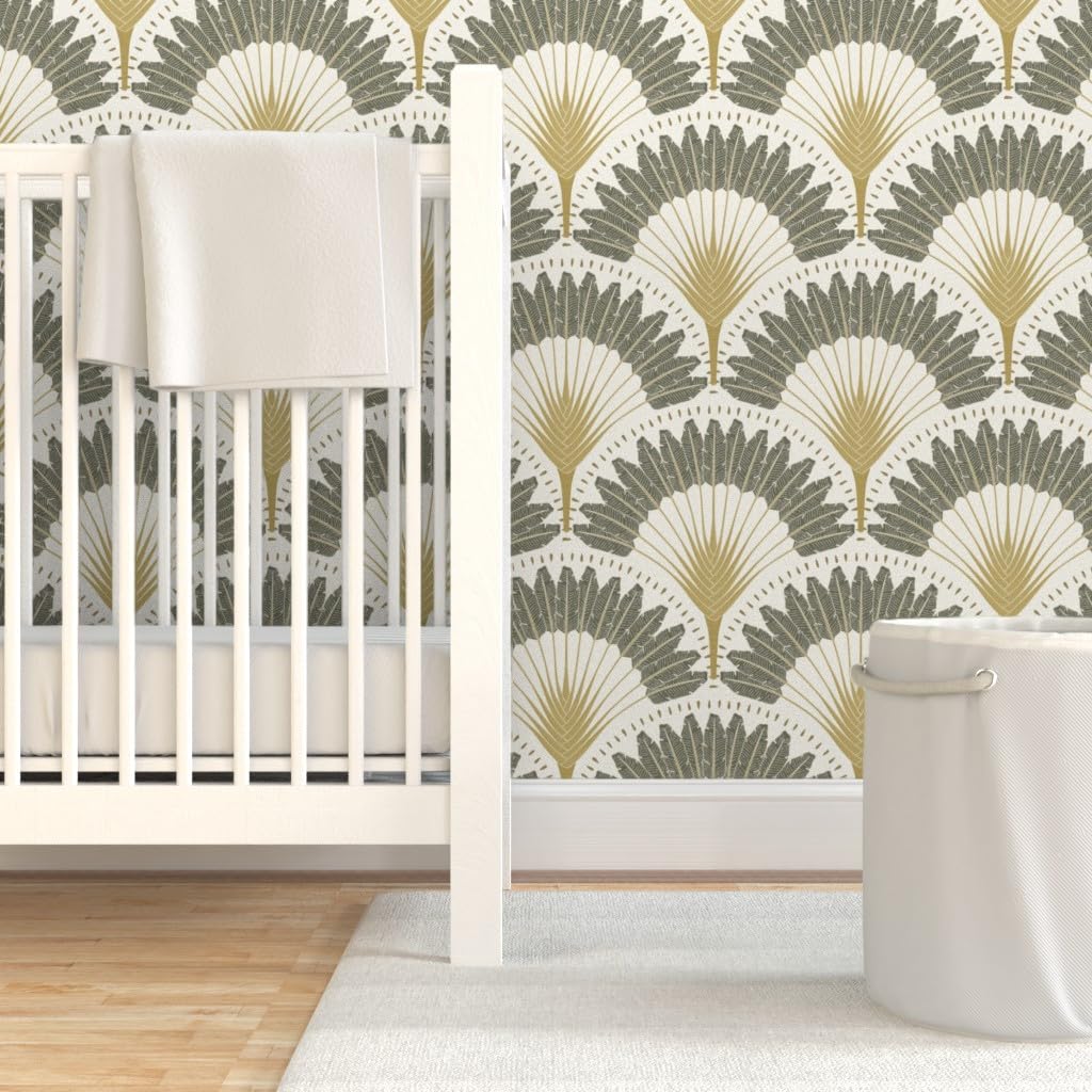 Peel & Stick Removable Wallpaper 3ft x 2ft - Neutral Botanicals with Palms & Art Deco Fans | Trendy Custom Wallpaper by Spoonflower | Perfect for Bedroom, Living Room & Home Office Decor