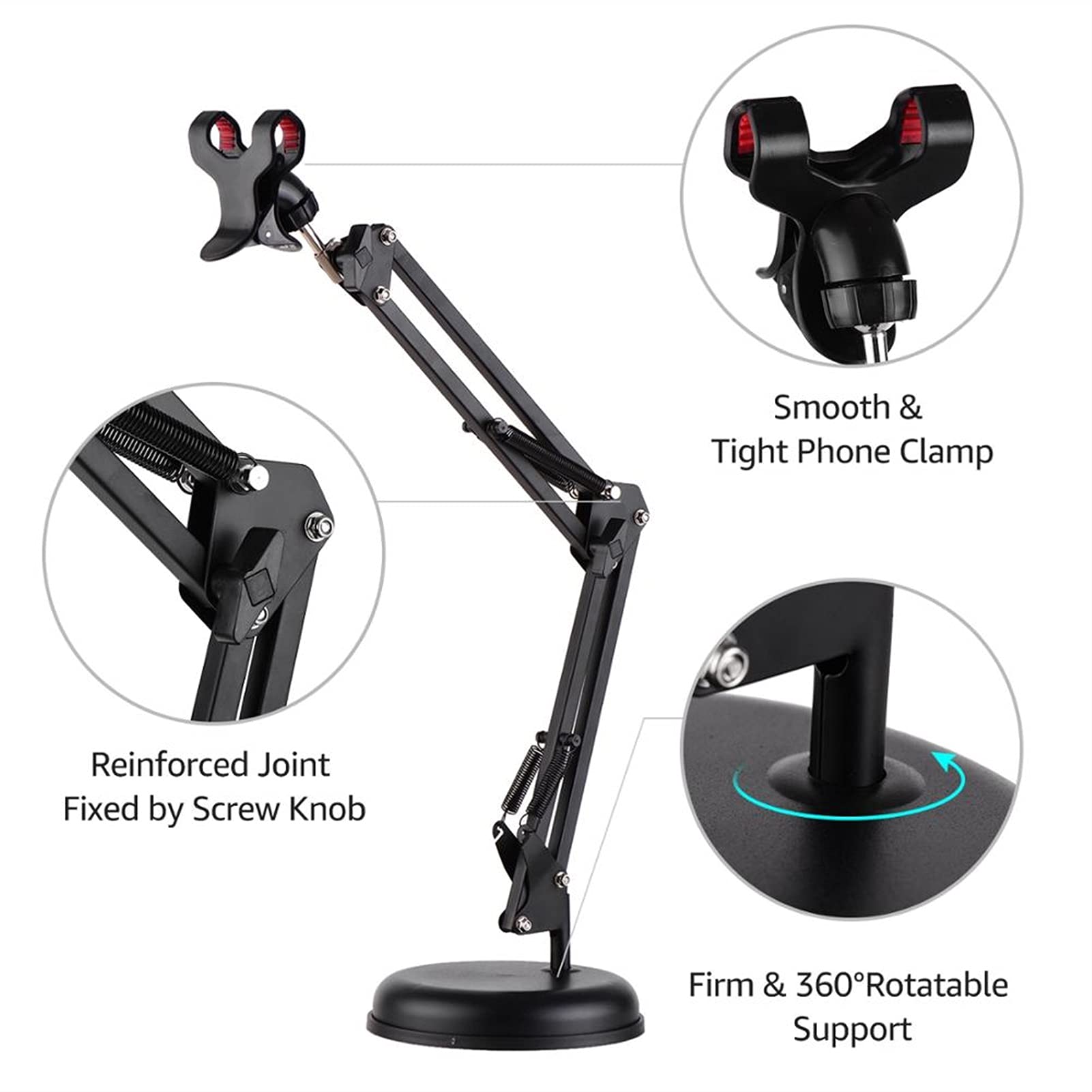 Adjustable Microphone Stand with 360° Rotation & Clamp - Extendable Flexible Arm for Studio, Podcast, Gaming & Mobile Phone Mic - Model A (Black) - Perfect for Home Recording, Streaming & Voiceovers