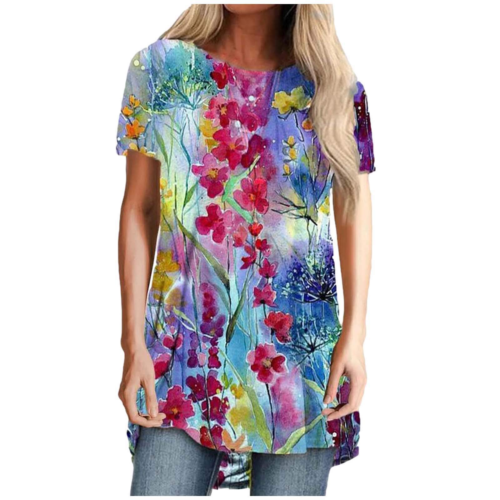 Women's Floral O-Neck Long Sleeve T-Shirt Blouse - Summer Casual Tops for Women - Perfect with Sandals for Beach Outings & Date Nights