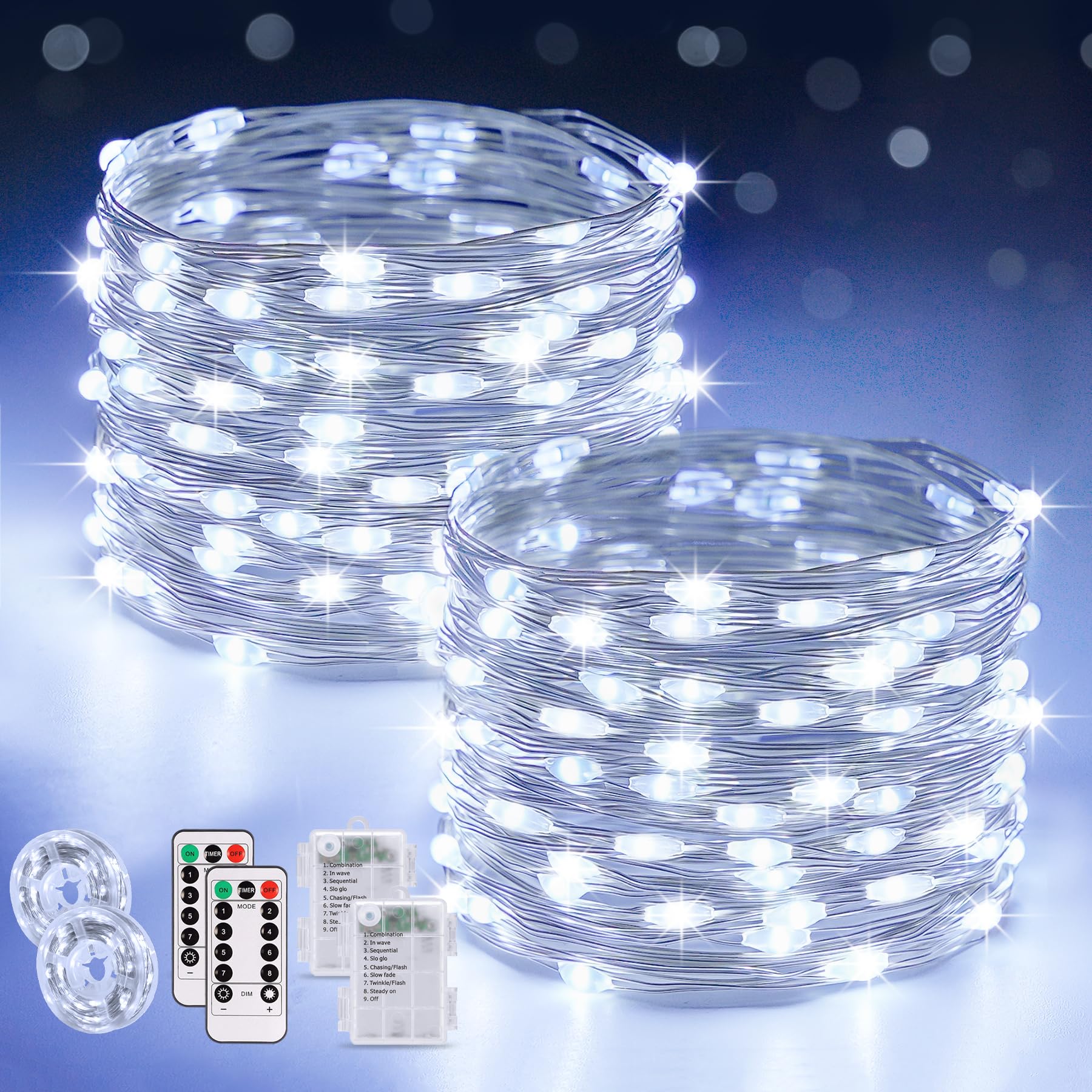 JMEXSUSS 2 Pack 200 LED 66ft Battery Operated Fairy Lights with Remote - 8 Lighting Modes, White Twinkle String Lights for Bedroom Decor, Ceiling Centerpiece, Christmas Tree, Indoor & Outdoor Use (Perfect for Weddings, Parties, and Home Ambiance)