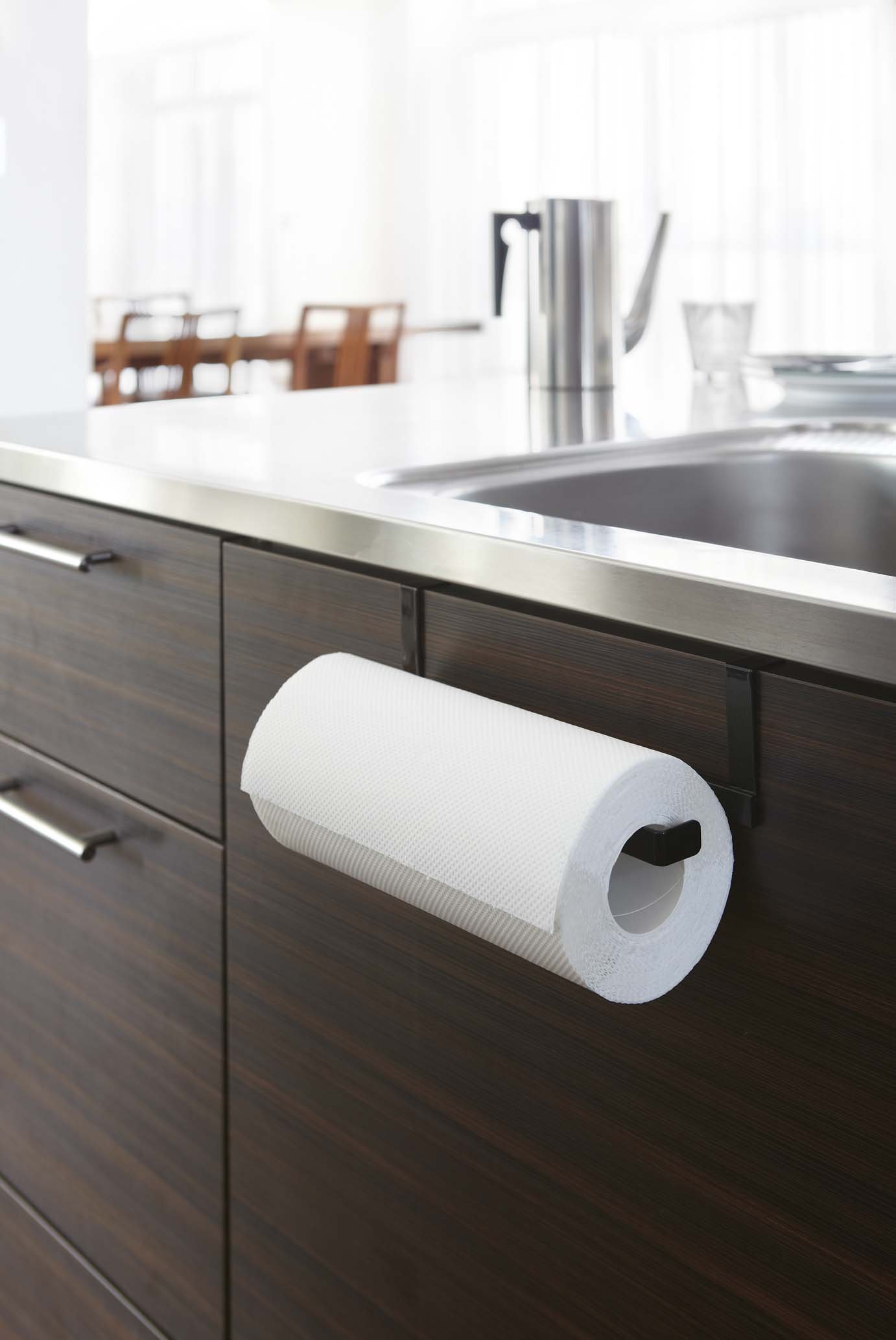 Yamazaki 7514 Black Kitchen Paper Towel Holder & Hanger Tower - Space-Saving Organizer for Countertops, Pantry & Small Kitchens