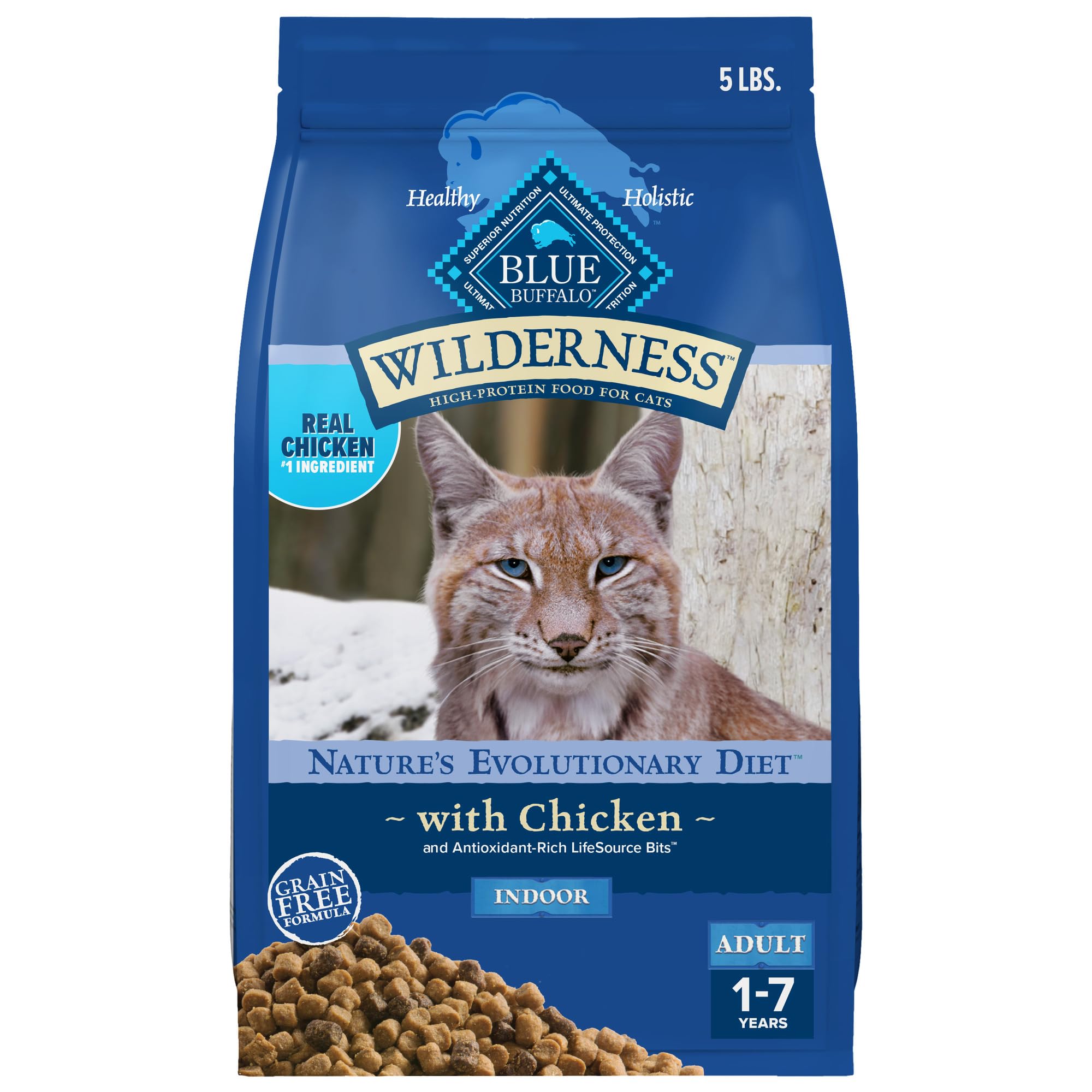 Blue Buffalo Wilderness High-Protein Grain-Free Dry Cat Food for Adult Indoor Cats - Chicken Recipe, 5 lb Bag - Supports Healthy Digestion & Shiny Coat for Indoor Felines