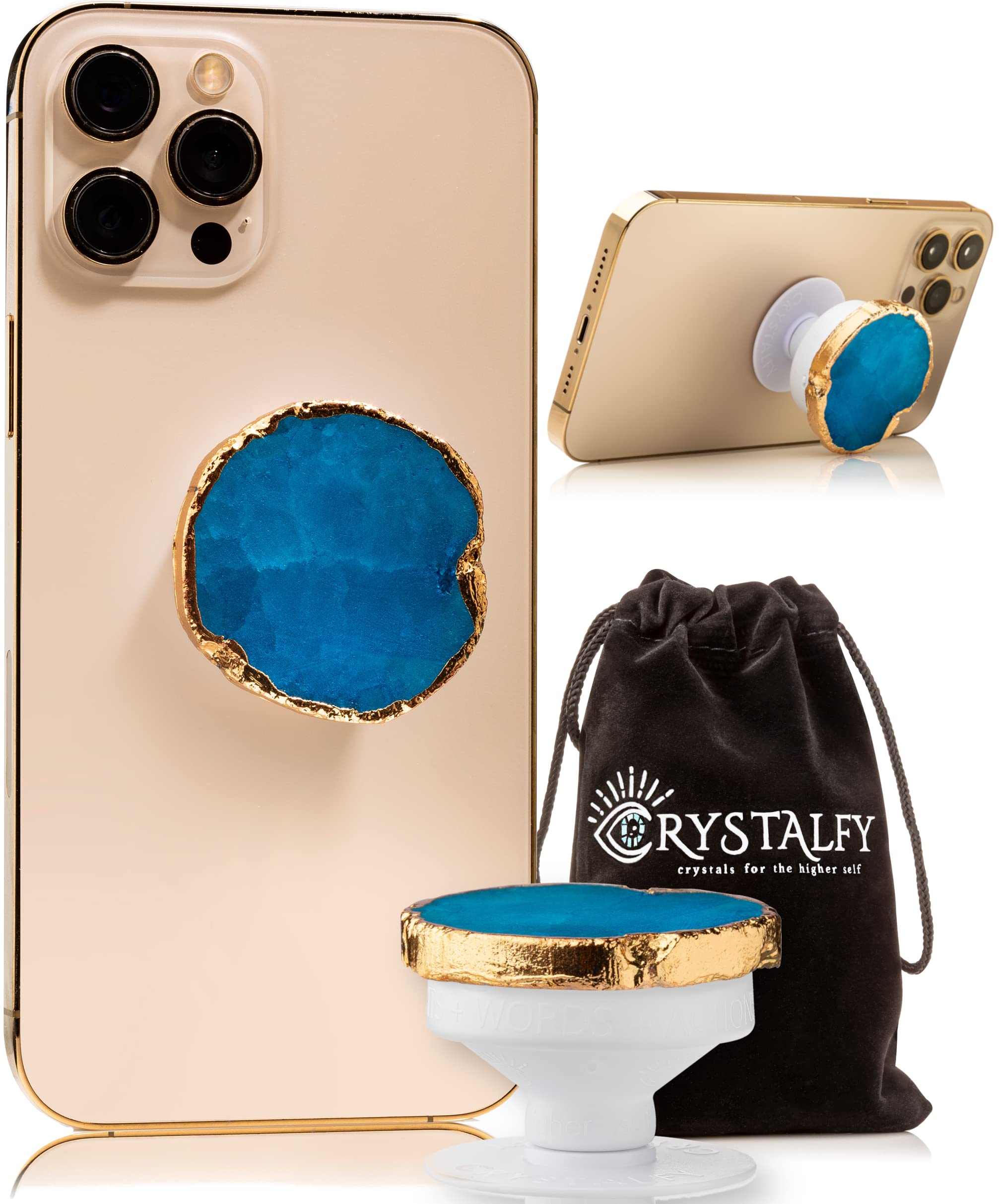 CRYSTALFY Genuine Natural Gemstone Phone Grip & Stand - Swappable Crystal Top, Expandable Holder for iPhone, Samsung & Tablets (Blue Druzy) - Perfect for Work, Travel & Hands-Free Viewing