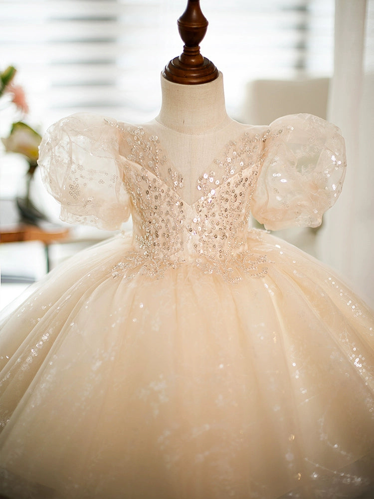 Champagne Princess Round Tea Length Sequined Flower Girl Dress for Weddings, Bridal Party, and Special Occasions