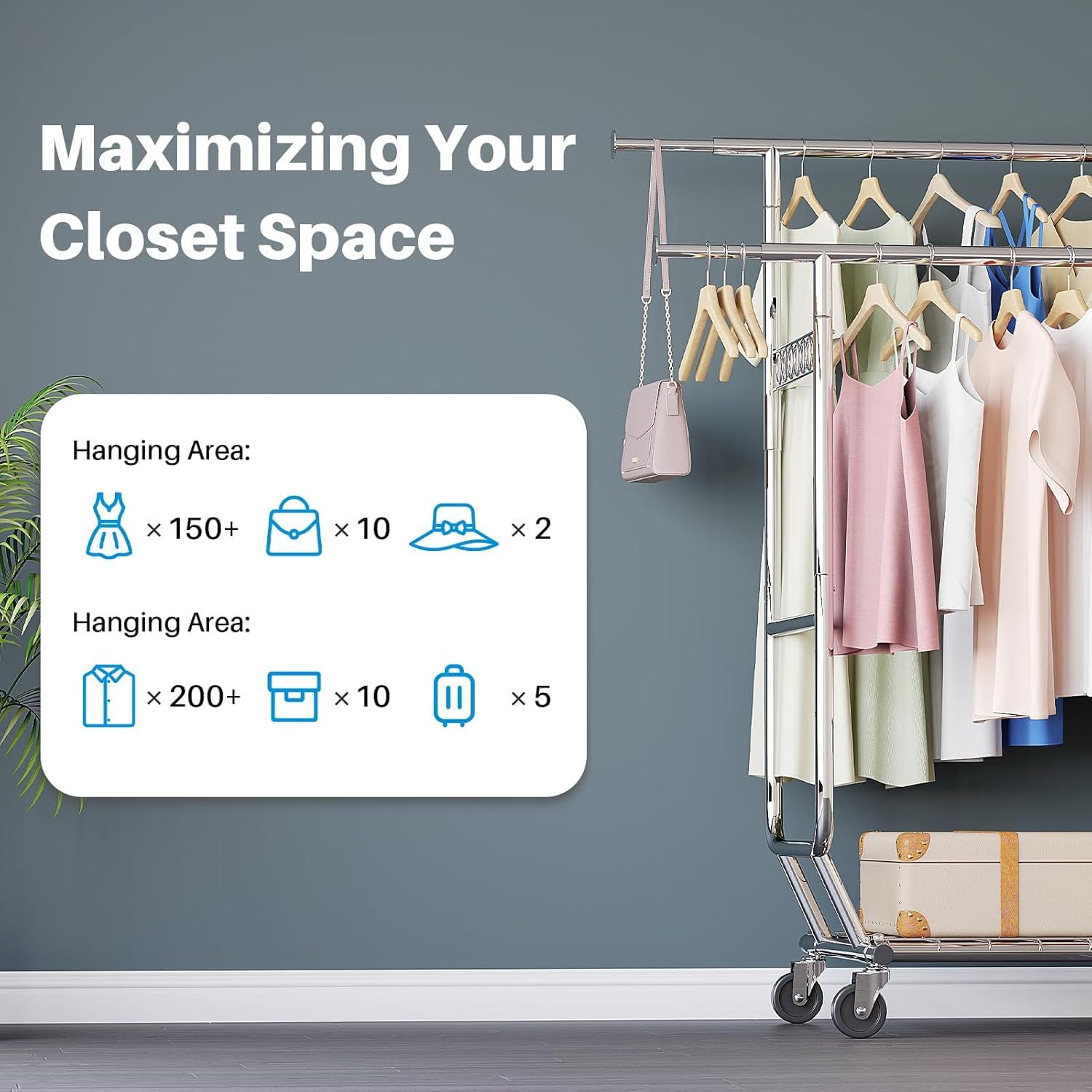 HOKEEPER Heavy Duty Collapsible Garment Rack with Wheels - Double Rod Clothes Hanging Rack with Shelves | Portable Commercial Clothing Rack for Retail Stores, Boutiques, Laundry Rooms & Home Organization