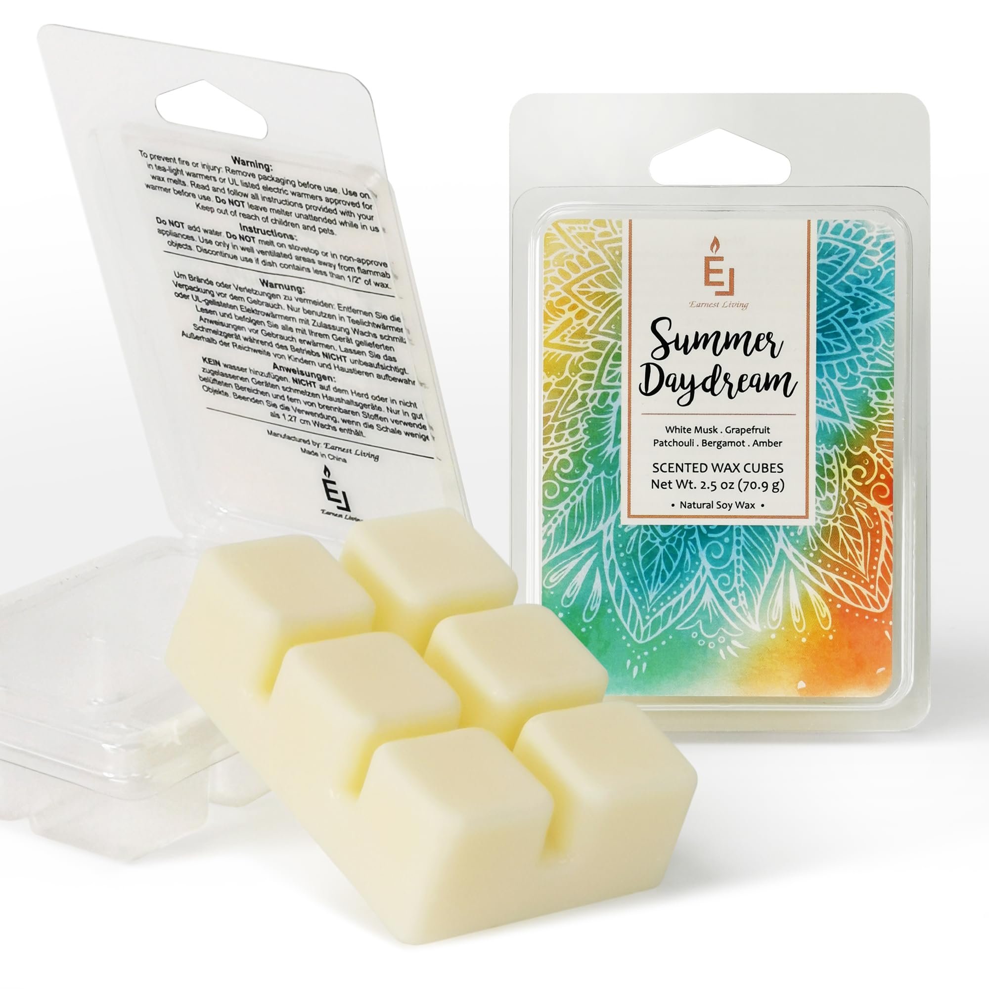 Earnest Living Scented Wax Melts - Summer Daydream Fragrance with White Musk, Grapefruit, Patchouli, Bergamot & Amber | 2.5 oz Wax Cubes (2-Pack) for Home Warmer, Electric Tart Burner | Perfect for Living Room, Bedroom & Office Aromatherapy | Long-Lasting Air Freshener & Relaxing Gift Idea
