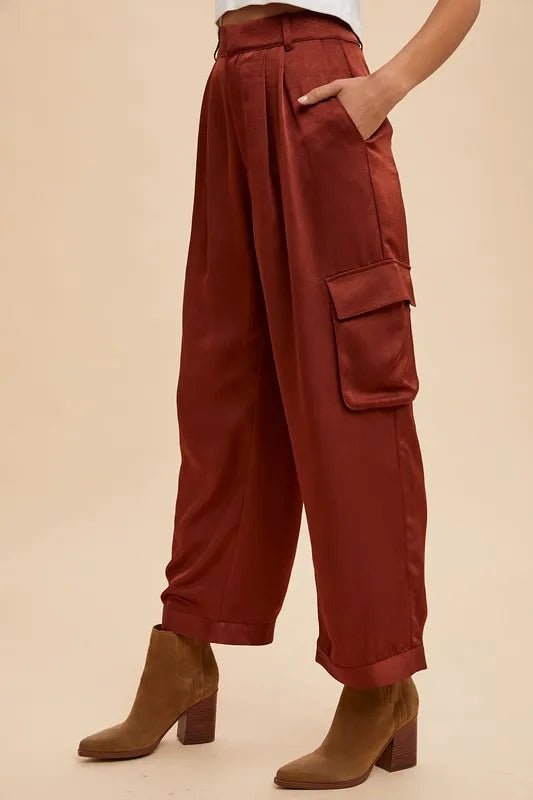 Annie Wear Women's Wide Leg Cargo Satin Pants - High Waisted Fashion Trousers for Casual & Work Outfits | Comfortable Stretch Fabric for Everyday Wear