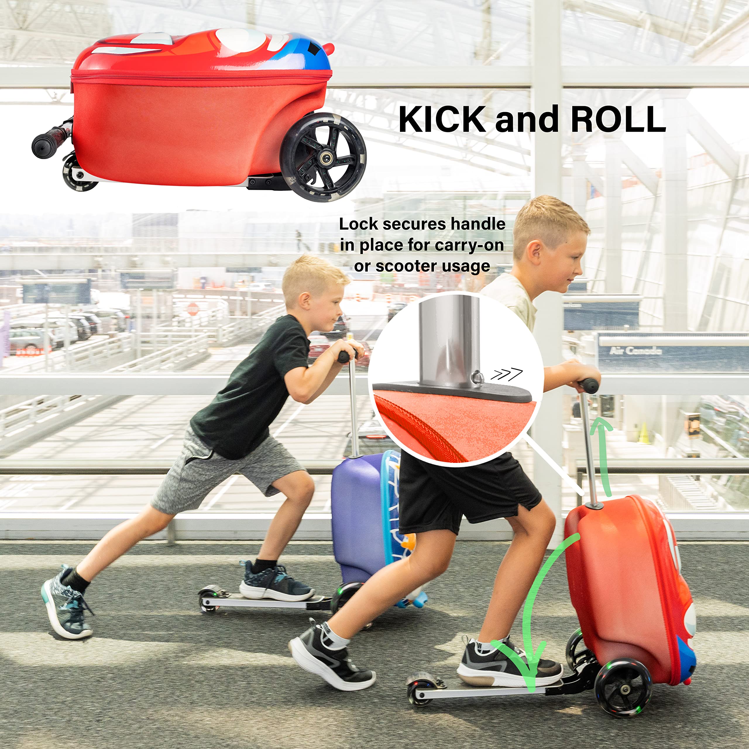 Kiddietotes 3D Hardside Scooter Ride-On Suitcase for Kids - Lightweight Wheeled Luggage with Fun LED Lights - Perfect for Air Travel, Road Trips & School Commutes
