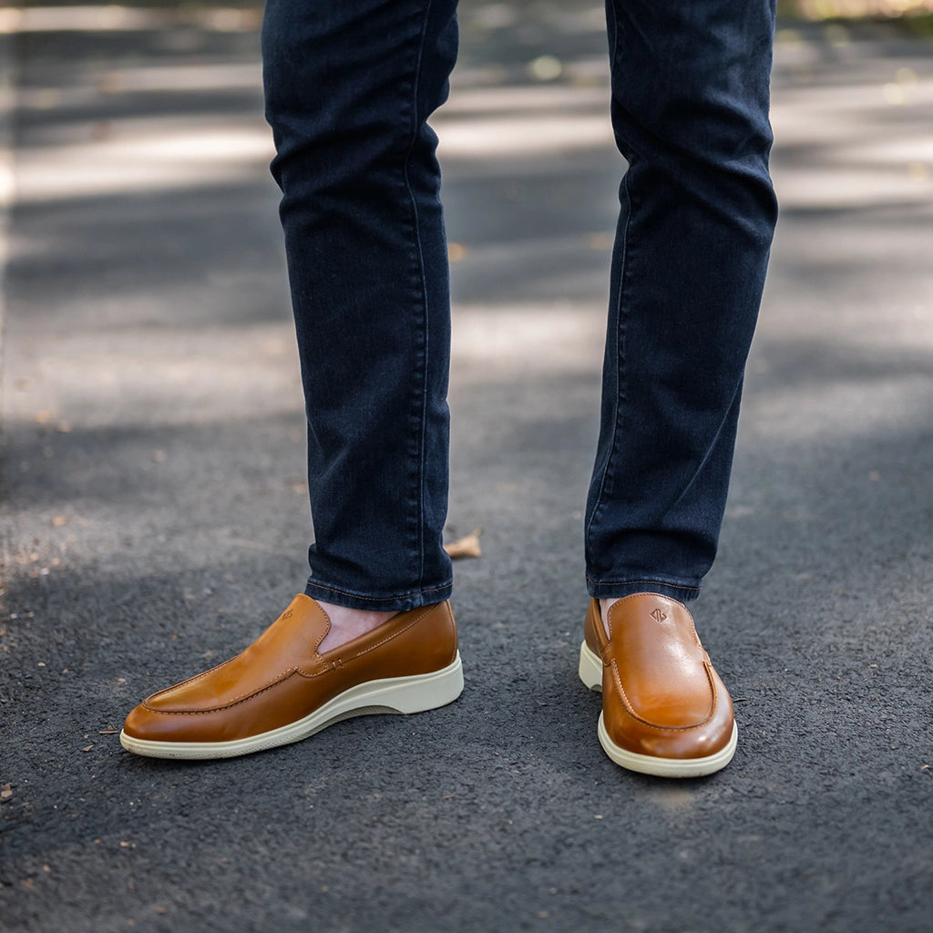Premium Genuine Leather Loafer Shoes for Men - Honey & Cream Color - Comfortable Slip-On Casual Dress Shoes for Office, Business & Everyday Wear