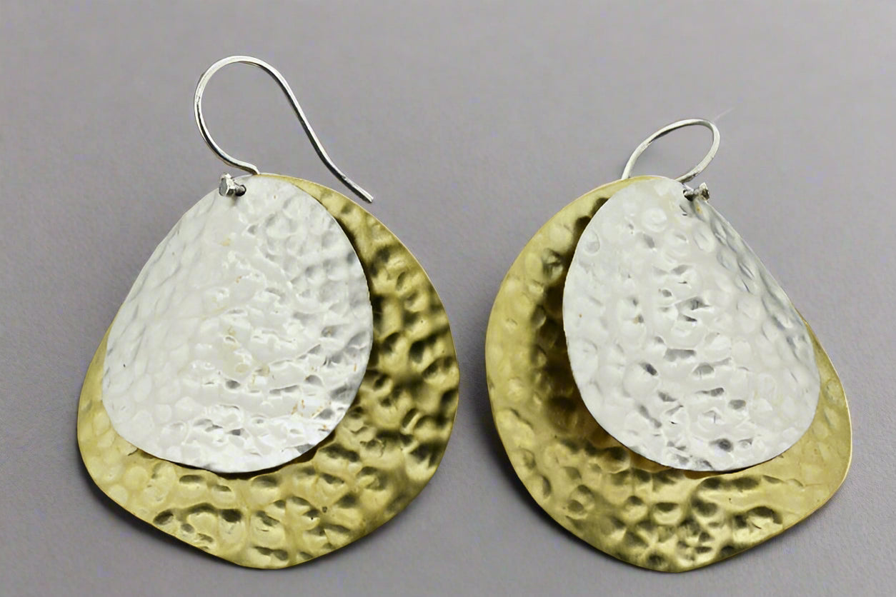Organic Double Disc Hammered Earrings - Sterling Silver & Brass Dangle Hoops for Women - Perfect for Boho, Casual & Party Wear