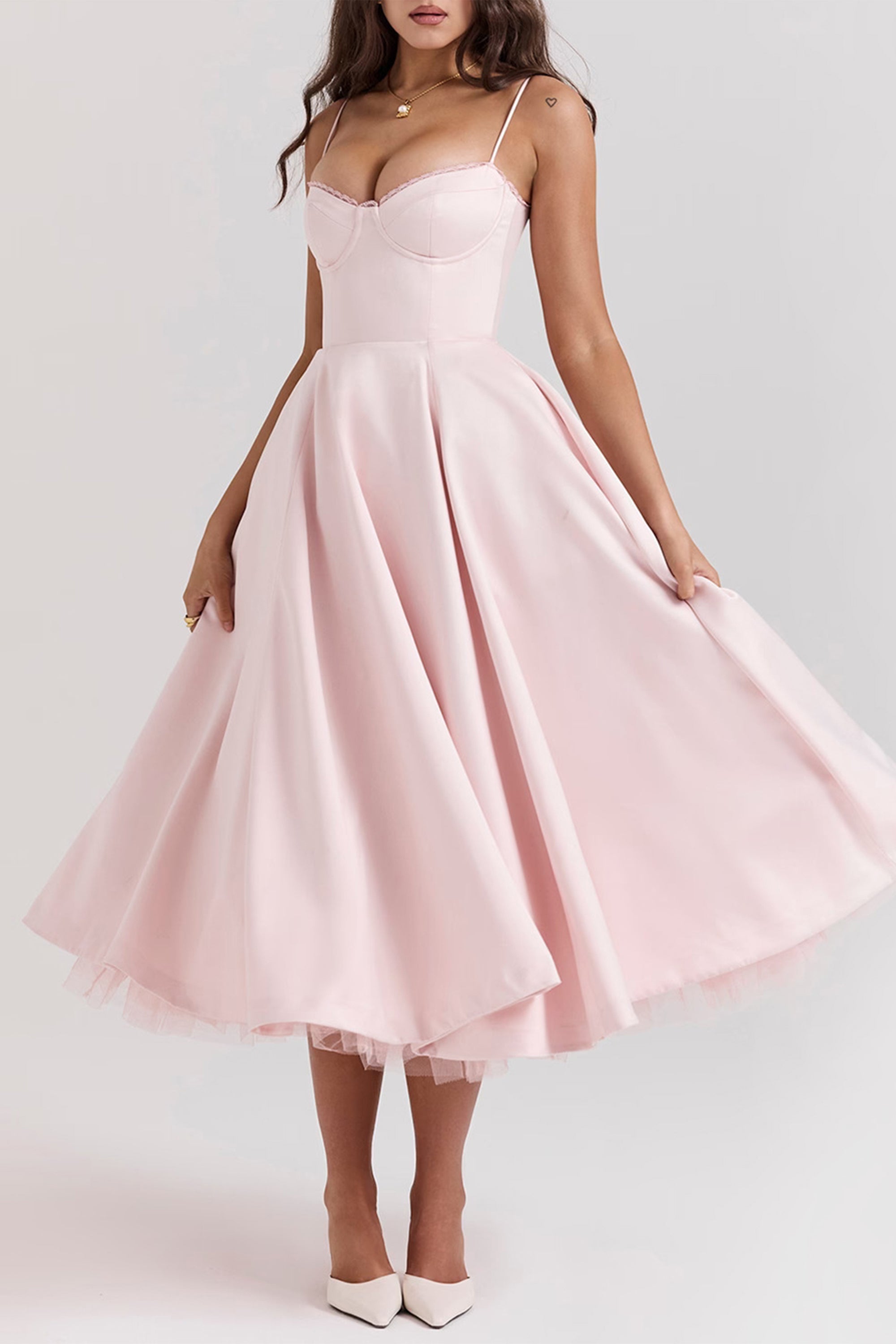 Analissa Pink Mesh Midi Dress - Elegant Flowy Party Dress for Women, Perfect for Weddings, Cocktails & Evening Events