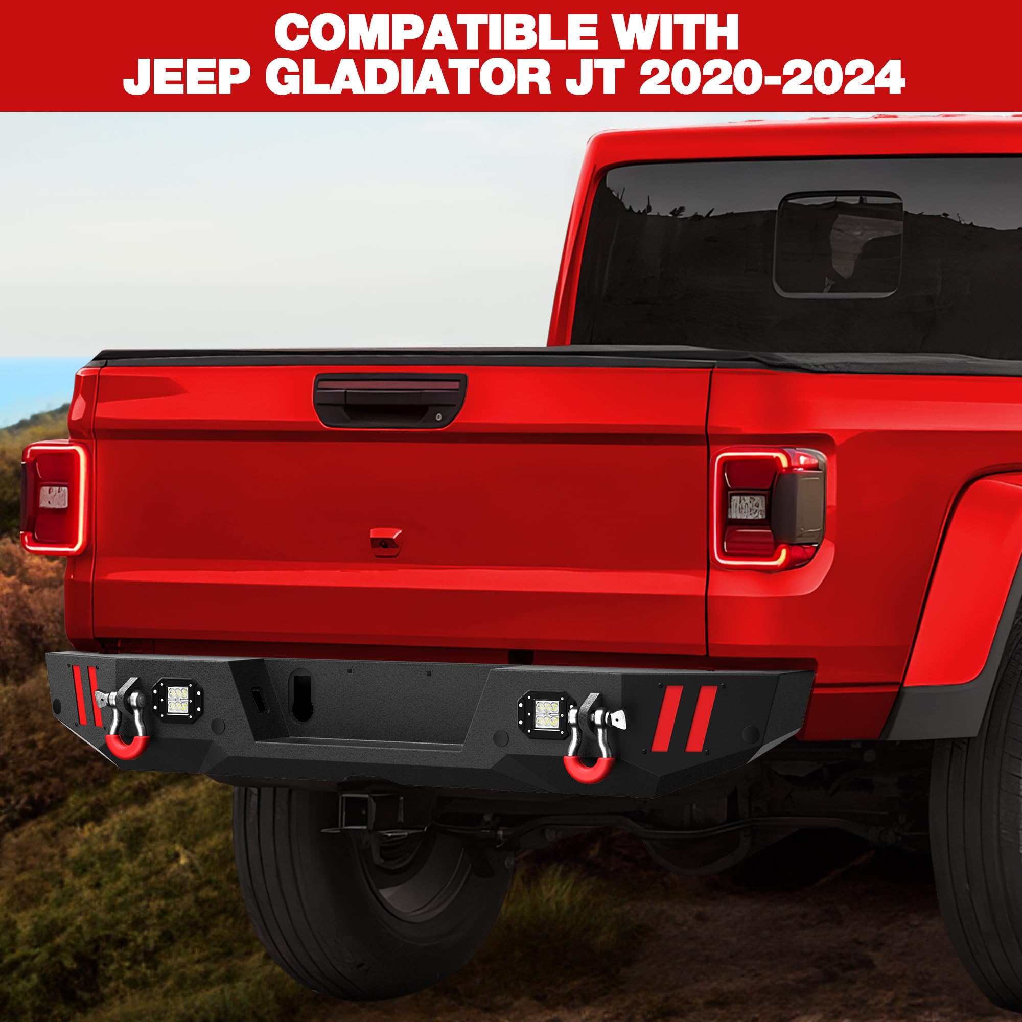 Jeep Gladiator JT Rear Bumper (2020-2024) - Textured Black Truck Bumper with Step Plate, LED Lights, Sensor Holes & D-Rings | Heavy Duty Off-Road Protection for Jeep Pickup | Perfect for Trail Riding, Overlanding & Daily Driving