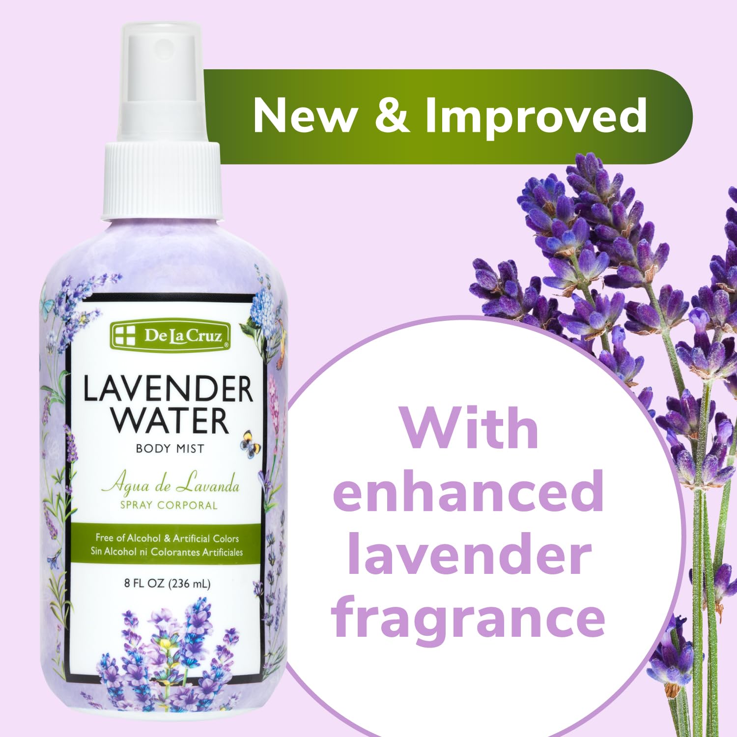 De La Cruz Lavender Water Body Mist - 8 fl oz (236 mL) Pure Lavender Essential Oil Spray for Relaxation & Aromatherapy | Perfect for Stress Relief, Yoga, Meditation & Home Spa Use