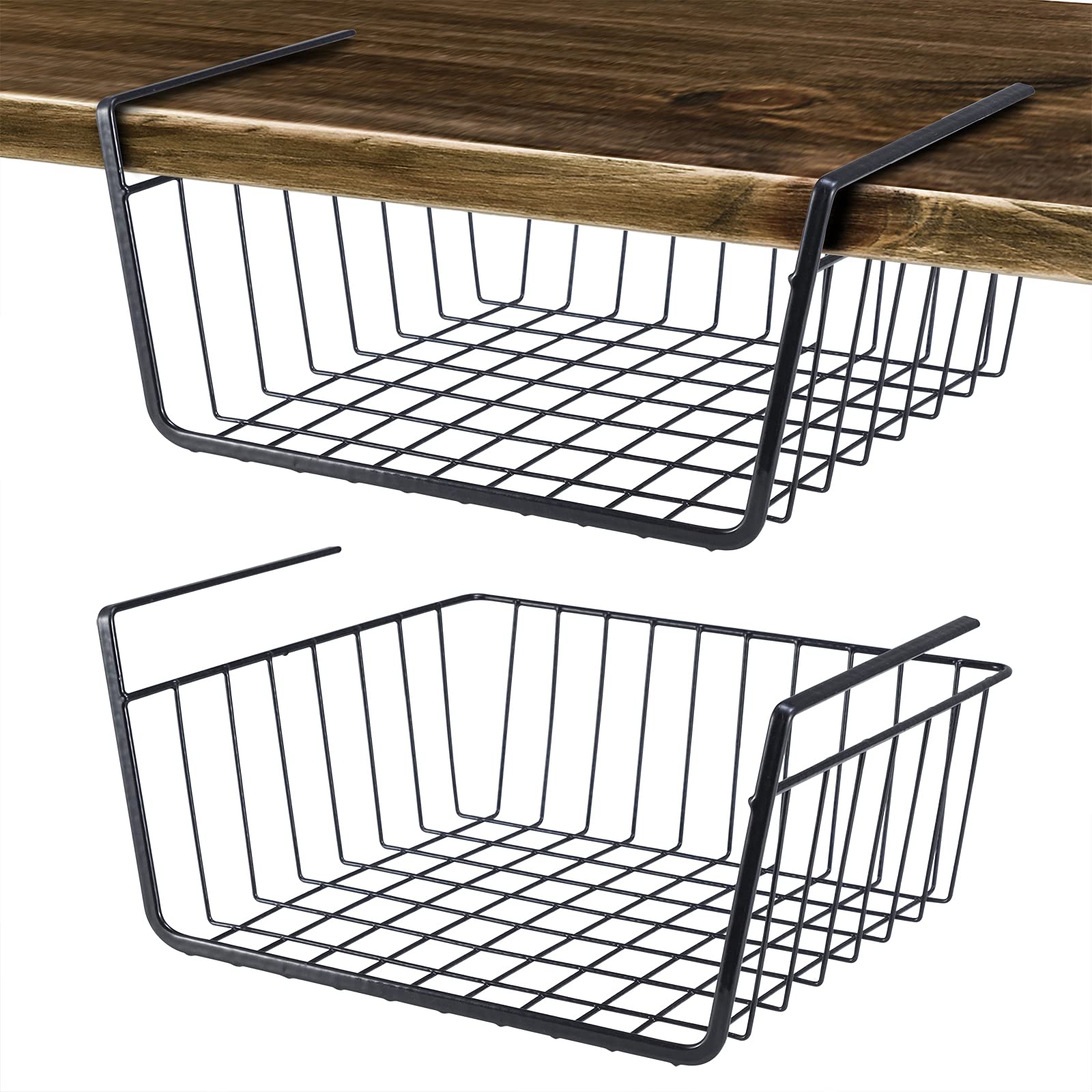 Undershelf Wire Storage Basket - Small Metal Hanging Bin for Kitchen Pantry, Bookshelf & Closet Organization (2 Pack) - Perfect for Storing Spices, Books & Small Items to Maximize Space