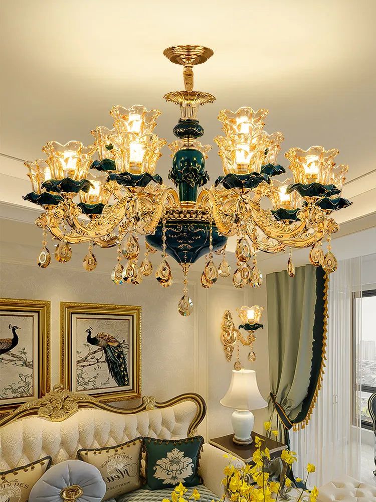 Vintage Green Crystal Ceramic Chandelier Lighting Fixture - Timeless Elegance & Traditional Style for Dining Room, Bedroom, or Foyer Decor