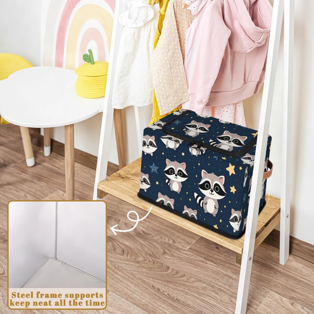 Cute Raccoon Fabric Storage Bins with Lid & Leather Handle - Foldable Washable Closet Organizer for Clothes, Toys, or Blankets (2-Pack) - Perfect for Bedroom, Nursery, or Office Organization