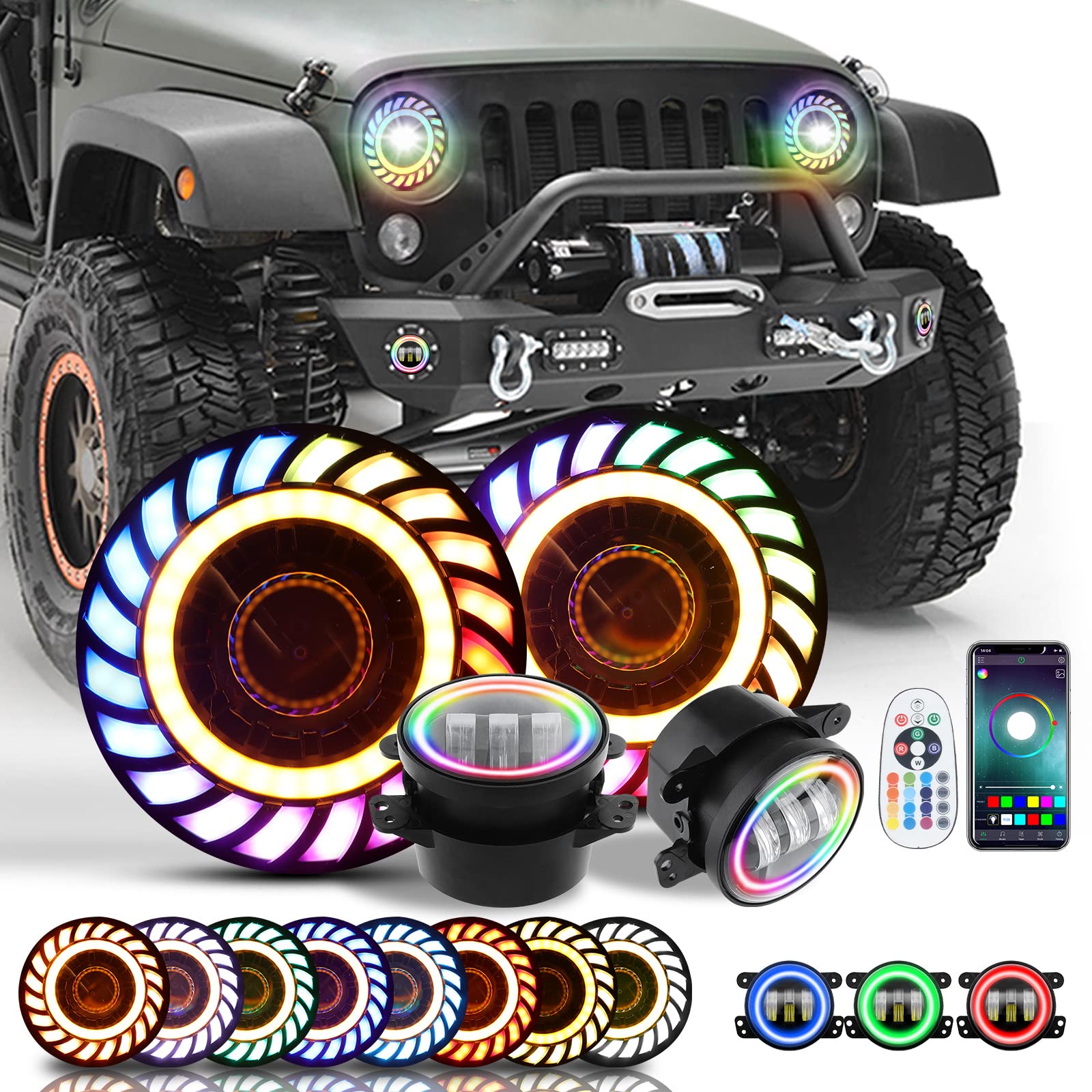 SUNPIE 7 Inch RGBW Halo LED Headlights with Rotating Fog Lights - Compatible with Jeep Wrangler JK/JKU (2007-2018) & TJ/LJ (1997-2006) - Stylish Colorful Rotating Projector for Off-Road, Night Driving & Car Customization