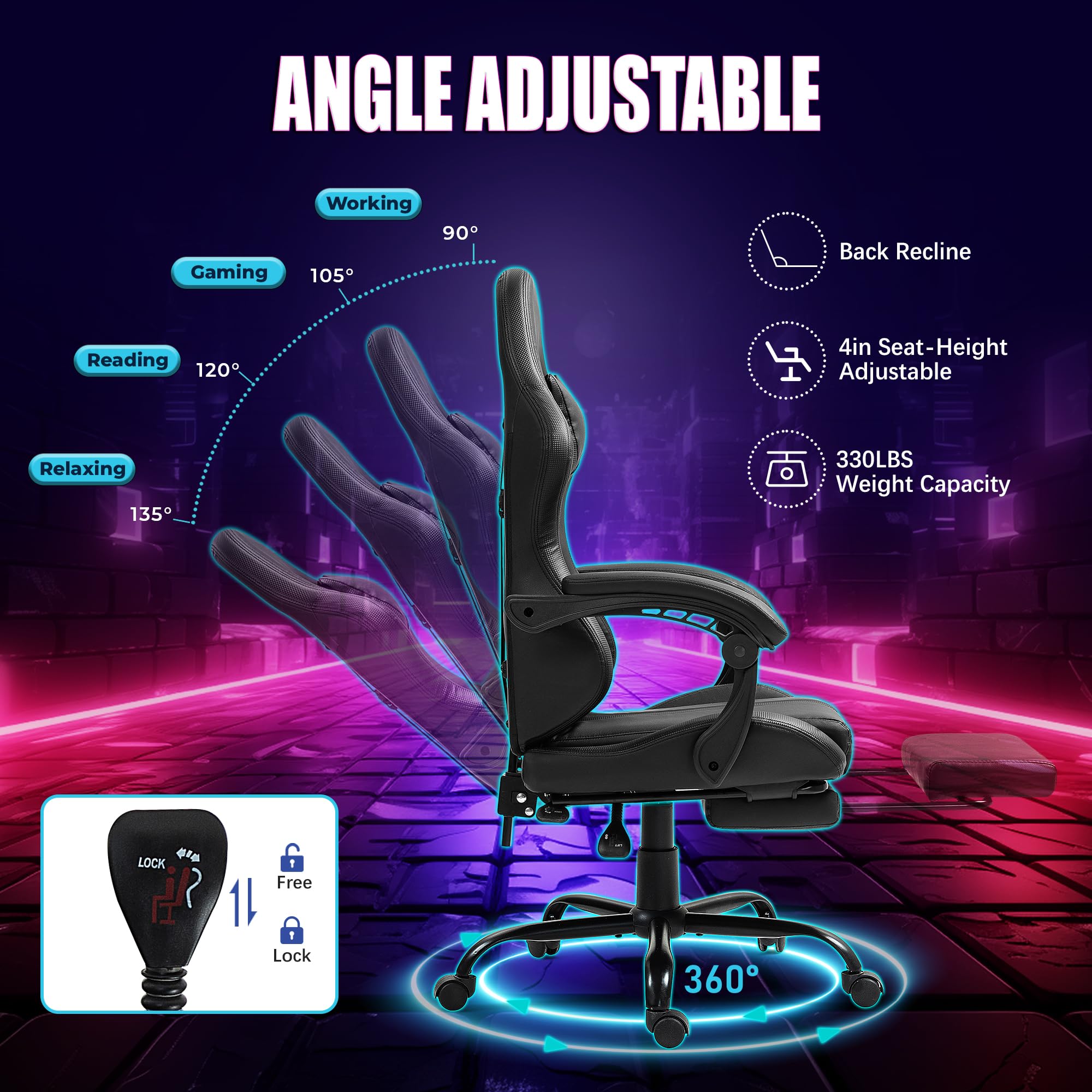 Ergonomic Massage Gaming Chair with Adjustable Footrest, High Back Office Chair with Headrest & Lumbar Support - PU Leather Swivel Computer Desk Chair for Home & Office Use - Perfect for Gaming, Working, and Relaxing - Black