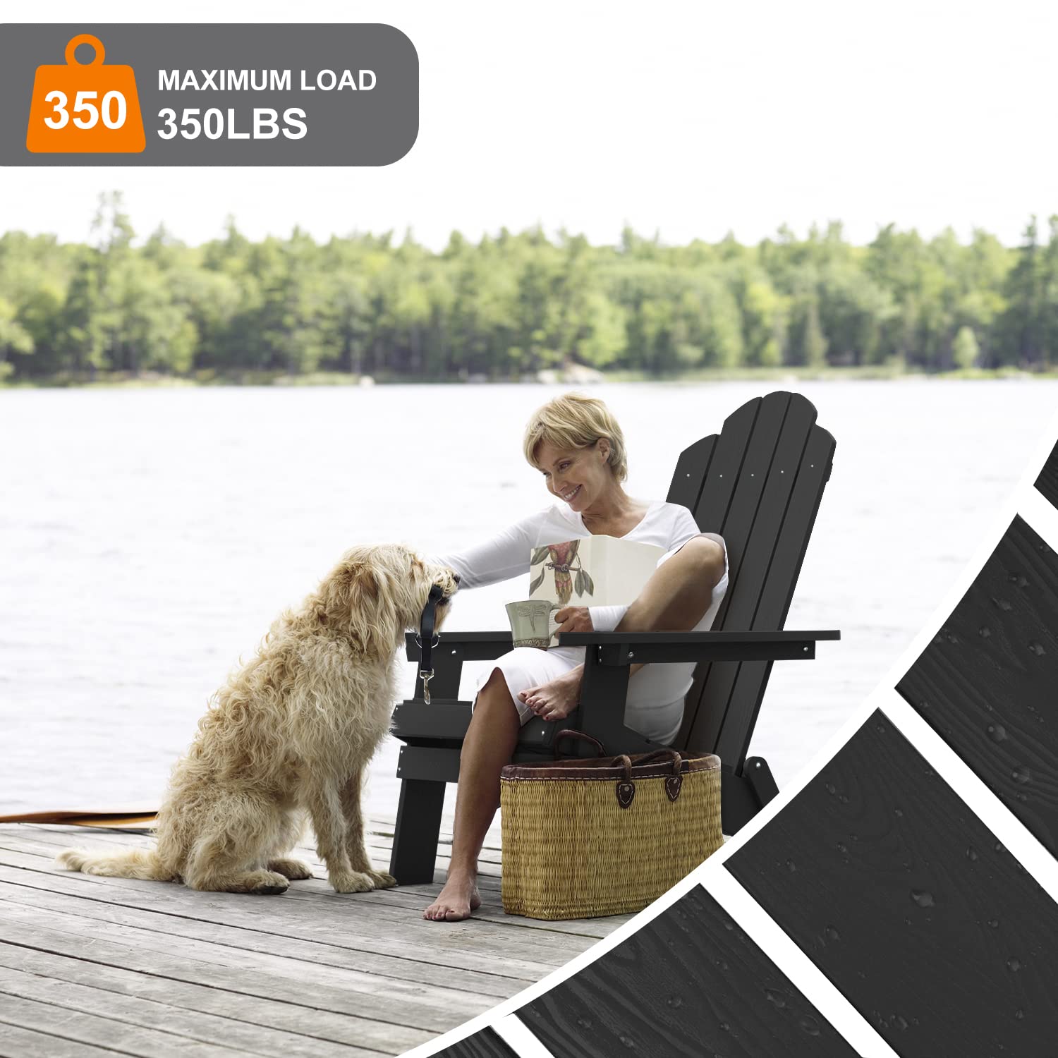 MXIMU Folding Adirondack Chair - Durable Plastic Outdoor Lounge Chair for Lawn, Backyard, Deck, Garden & Camping - Fire Pit Seating - Weather-Resistant & Comfortable - Perfect for Relaxing Outdoors (Black)