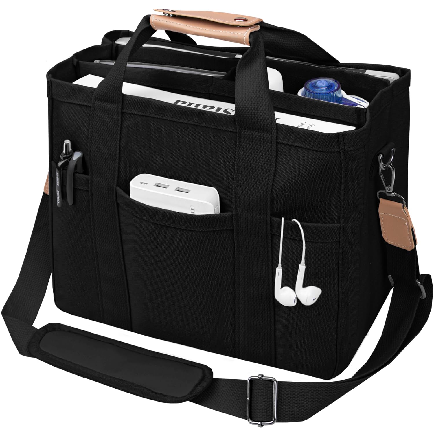 Women's Multi-Pocket Canvas Tote Bag - Large Crossbody Shoulder Bag for Work & Travel