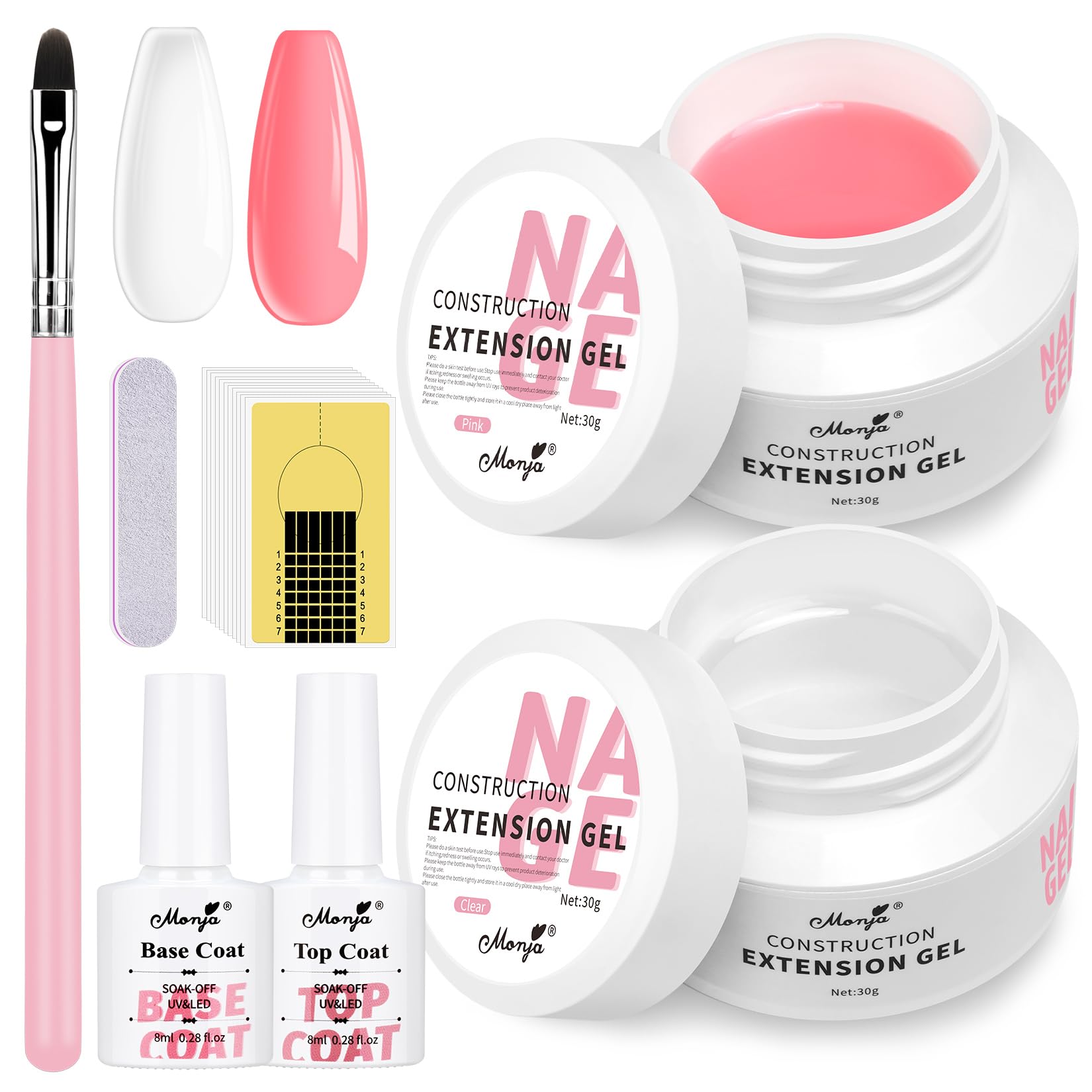 Monja Builder Nail Gel Kit - Clear Pink UV Gel Set for Nail Extension & Manicure - DIY Home & Salon Use