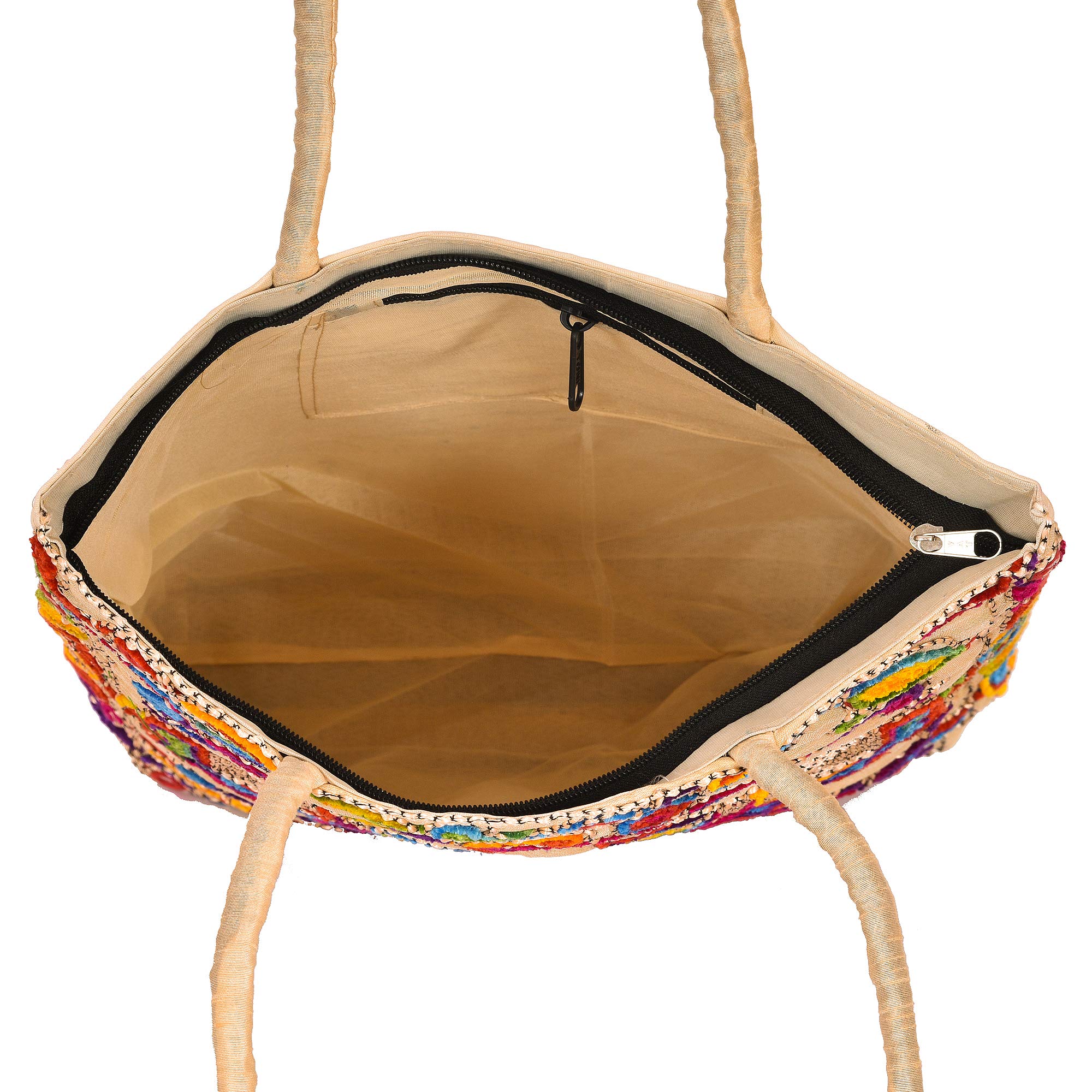 Stylish Rajasthani Ethnic Mirror Work Cotton Tote Bag for Women - Large Zippered Shoulder Bag with Embroidery for Grocery Shopping, Travel & Beach - Perfect Boho Fashion Accessory & Everyday Carryall