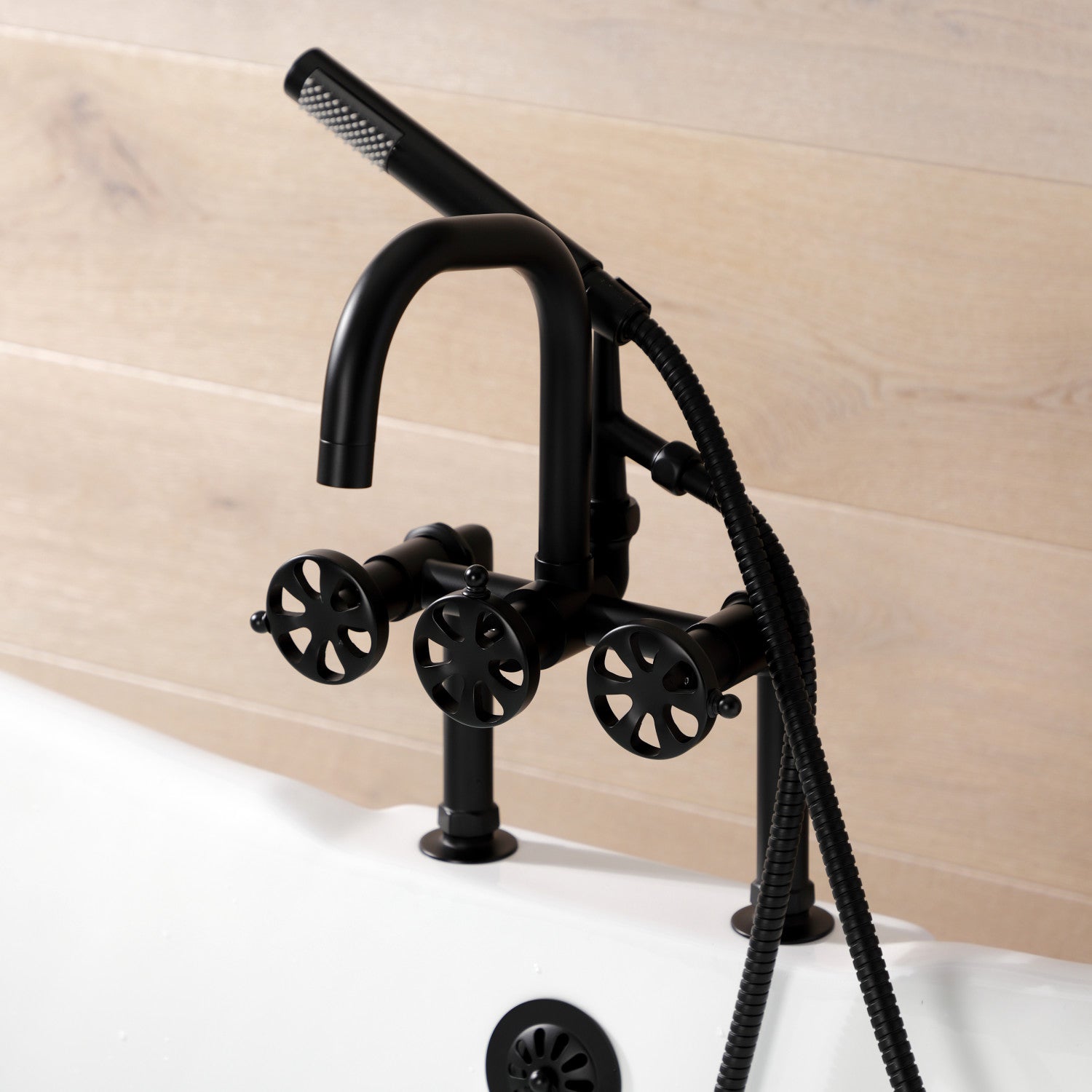 Belknap AE8400RX Matte Black 3-Handle 2-Hole Deck Mount Clawfoot Bathtub Faucet with Hand Shower - Perfect for Vintage Bathroom Renovations & Spa-Like Showers