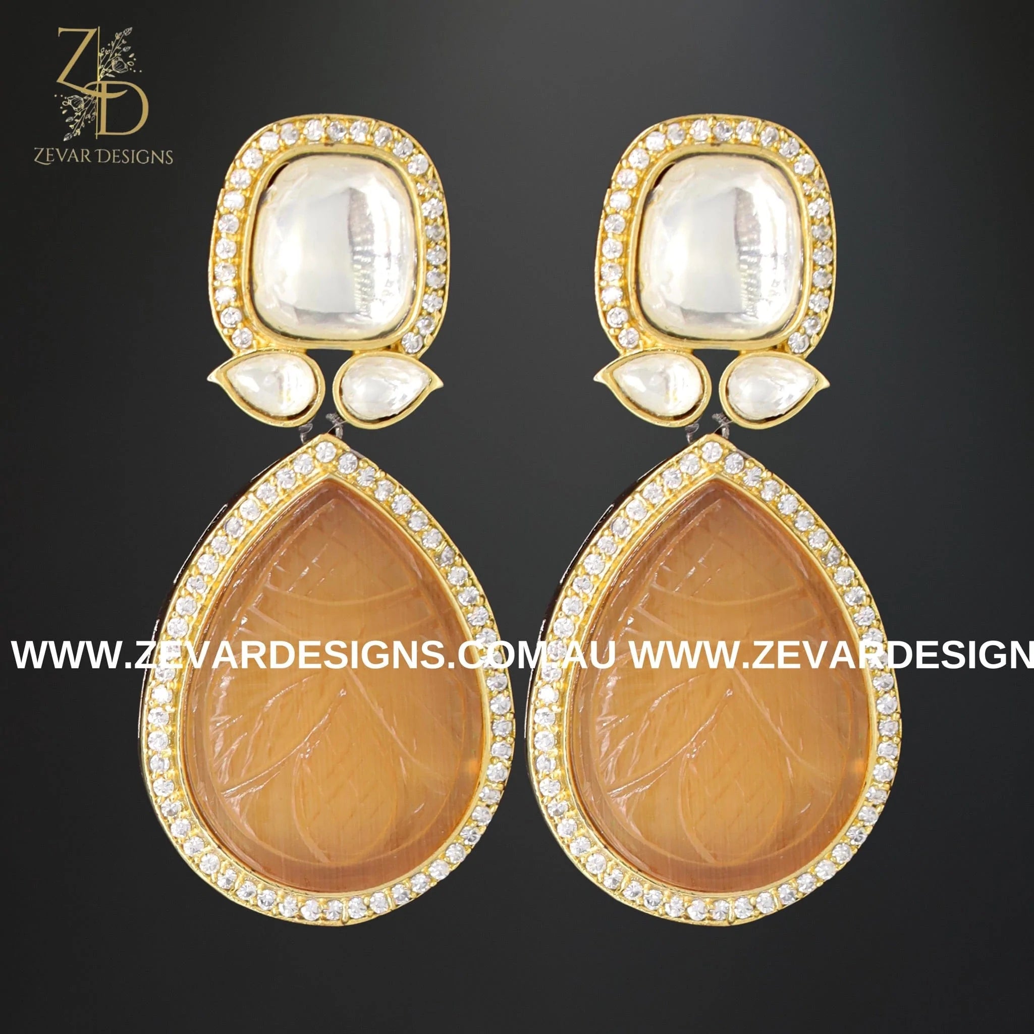 Exquisite Kundan AD Earrings with Hand-Carved Peach Stone – Perfect for Weddings, Parties & Ethnic Fashion