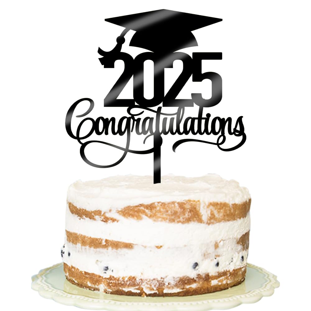 2025 Graduation Cake Topper - Acrylic Black Congratulations Grad Decor for High School & College Graduation Parties - Perfect for Graduation Cakes, Cupcakes & Dessert Tables - Class of 2025 Graduation Decorations