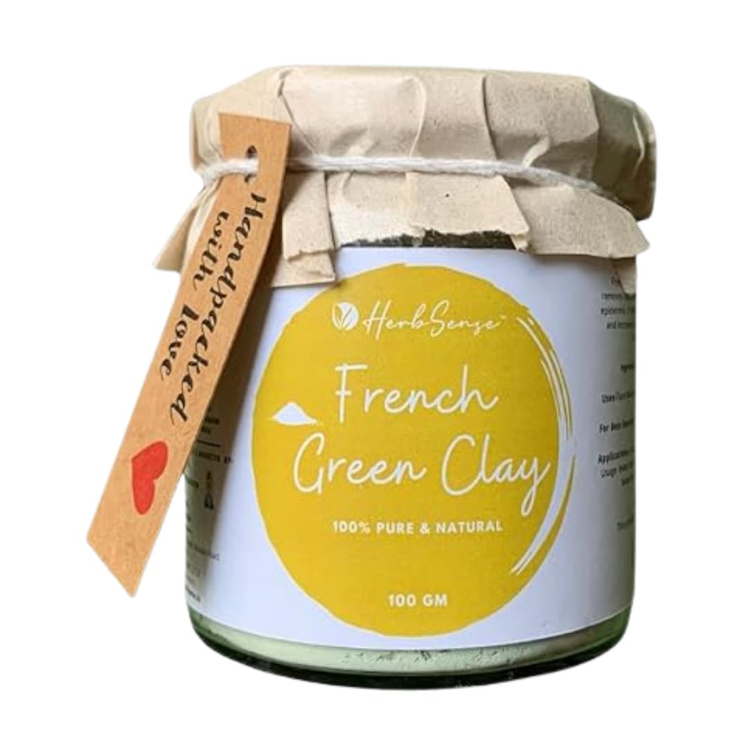 Herbsense French Green Clay Powder Mask - Deep Cleansing & Detoxifying Face Mask for Glowing, Healthy Skin | 100g Glass Jar | Perfect for Spa Days & At-Home Skincare Routines