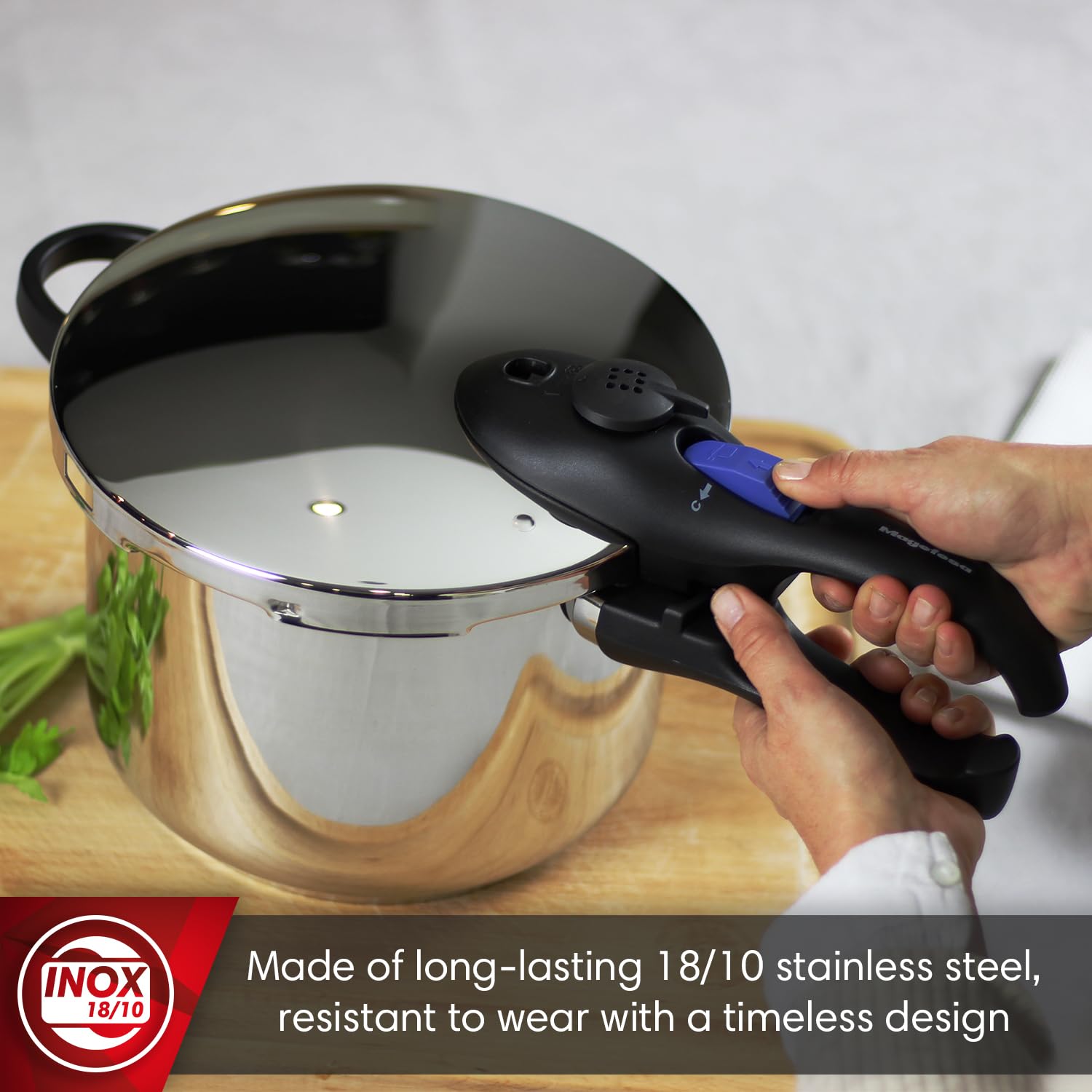 MAGEFESA Favorit 6-in-1 Fast Pressure Cooker Set - 3.2 Qt & 6.3 Qt Stainless Steel Induction Cooker with Heat Diffuser & 5 Safety Systems - Includes Steam Basket, Lid & Recipe Book - Perfect for Quick Meals, Soups & Family Cooking
