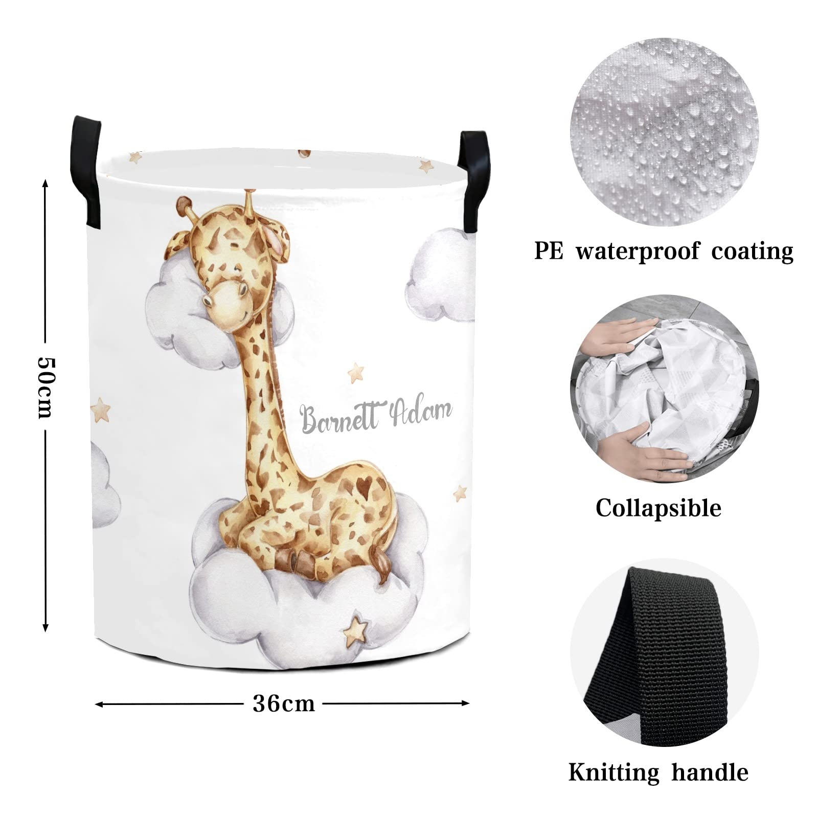 Personalized Laundry Basket with Cute Giraffe Design - Collapsible Waterproof Clothes Hamper with Handles - 50L Storage Bin for Bedroom, Bathroom & College Dorm - Perfect for Organizing Clothes, Toys and Laundry in Small Spaces