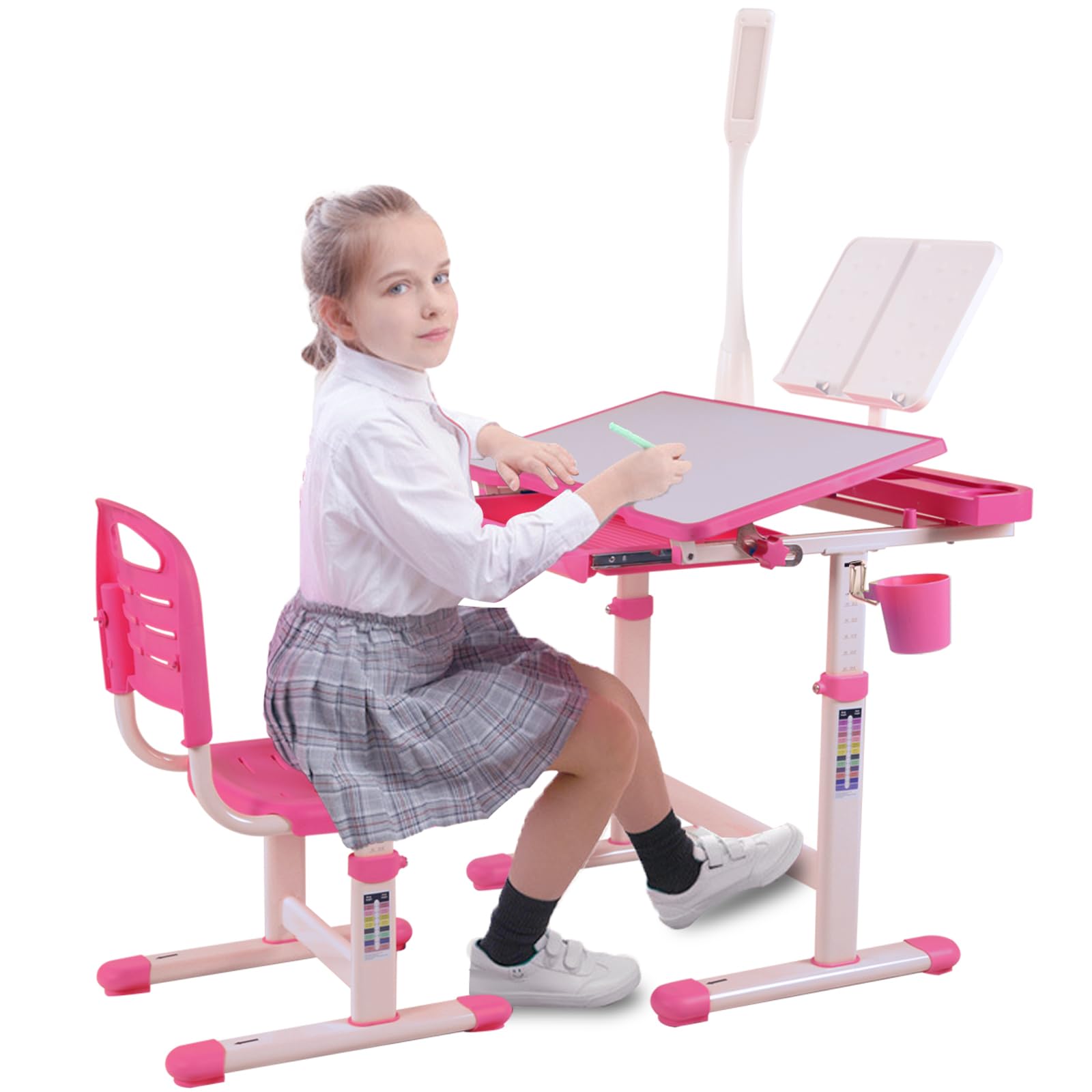 Napfox Adjustable Kids Desk and Chair Set - Ergonomic Study Desk for Children with Height Adjustable & 40° Tiltable Desktop, LED Light & Bookstand (Pink) - Perfect for Homework, Drawing & Online Learning