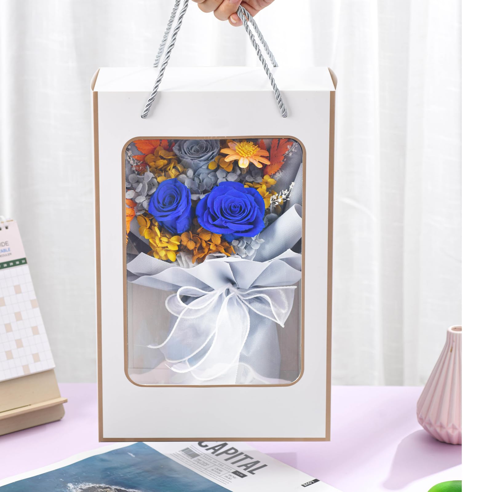 Premium Preserved Blue Rose Bouquets - Long Lasting 1-3 Years | Birthday & Anniversary Flowers for Women, Mom, Wife, Grandma | Perfect for Home Decor, Wedding Centerpieces & Romantic Gifts