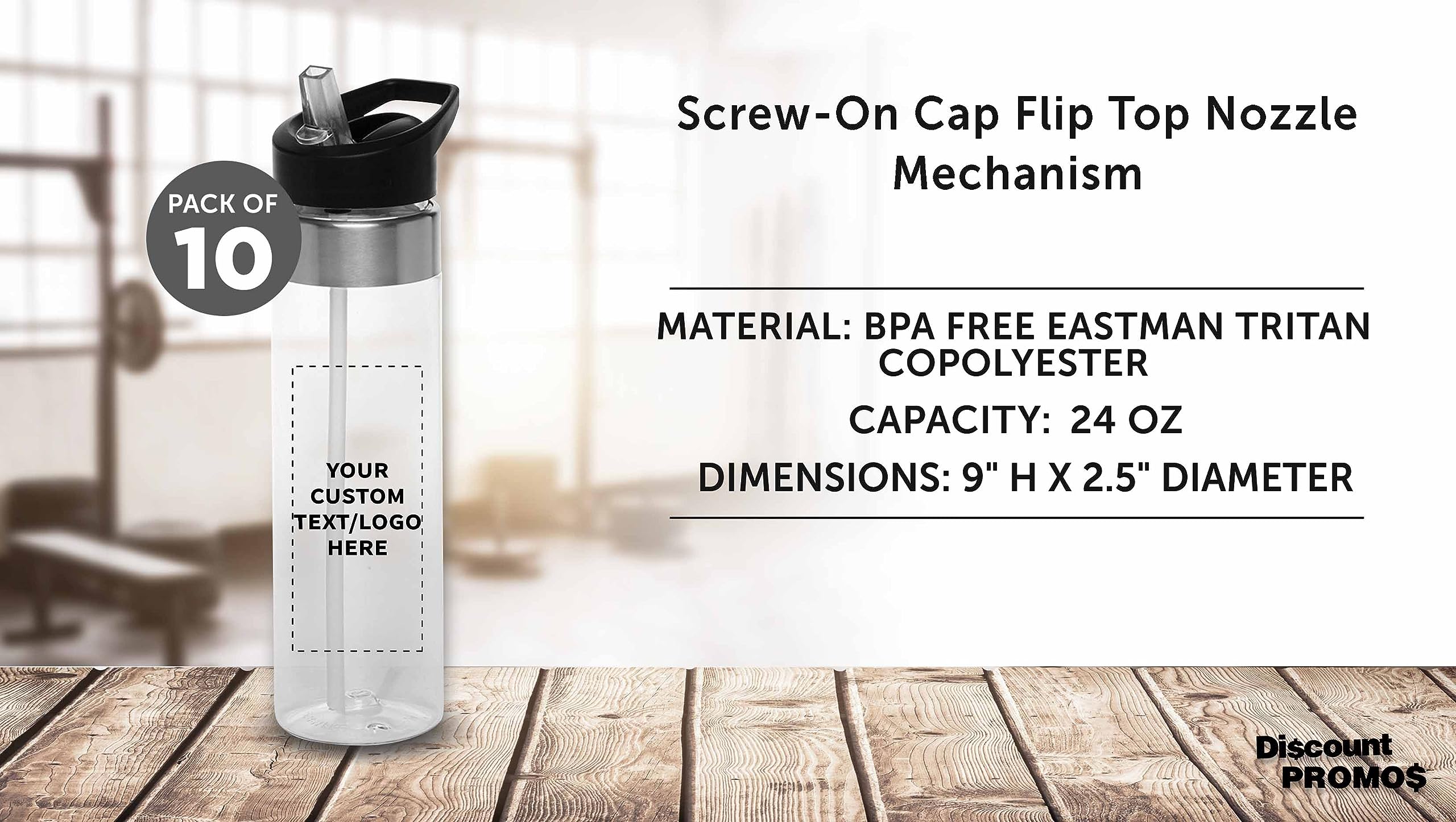 Custom 24 oz Plastic Water Bottle with Straw - 10 Pack BPA-Free Tritan Copolyester Bottles | Personalized Text, Flip Lid & Screw-On Cap | Slim Clear Design for Gym, Office & Outdoor Activities