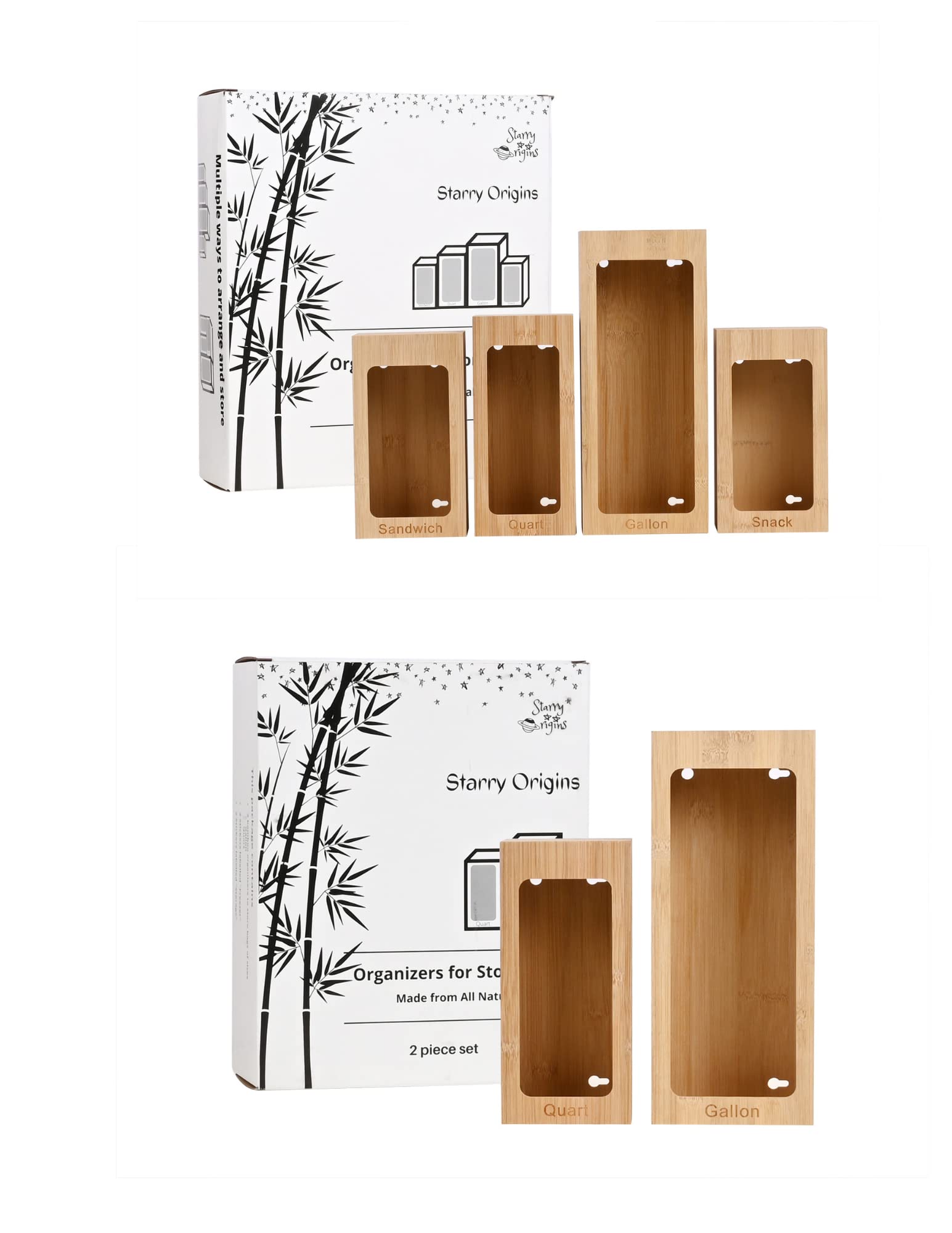 Premium Bamboo Food Storage Bag Organizers - 4pc & 2pc Set with Engraved Sizes (Gallon, Quart, Sandwich, Snack) | Compatible with Ziploc, Solimo, Glad & Hefty | Eco-Friendly Kitchen Organization for Meal Prep, Snacks & Leftovers