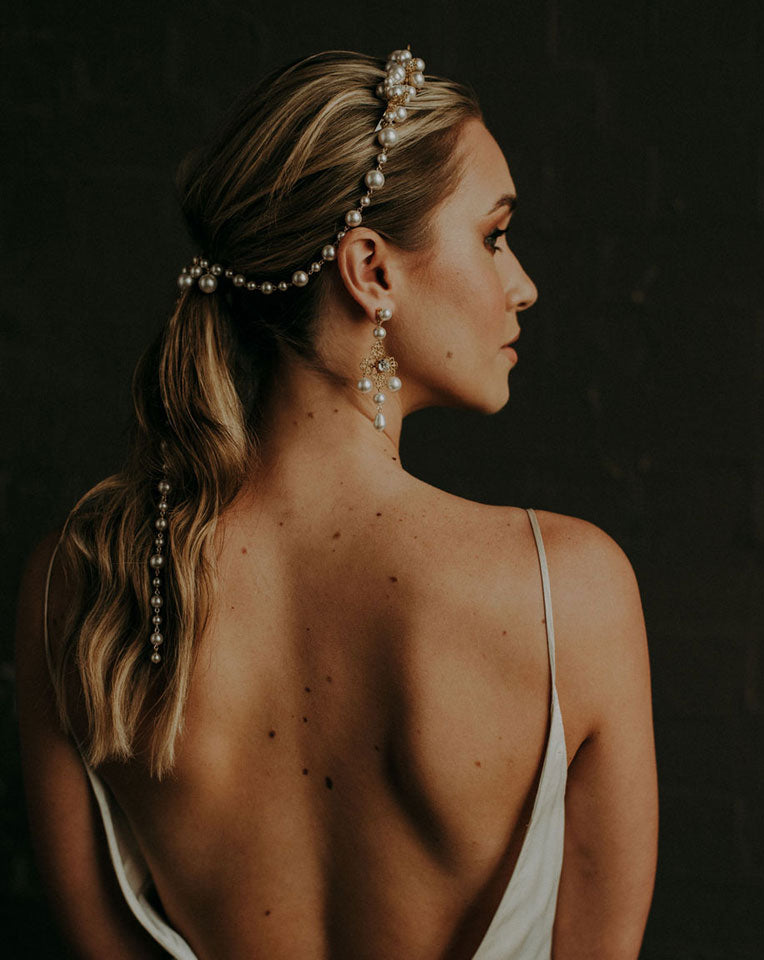 Elegant Bridal Headpiece - Pearl Antique Band with Pearl Drape | Kezani Paros Collection | Perfect for Weddings, Prom & Special Occasions