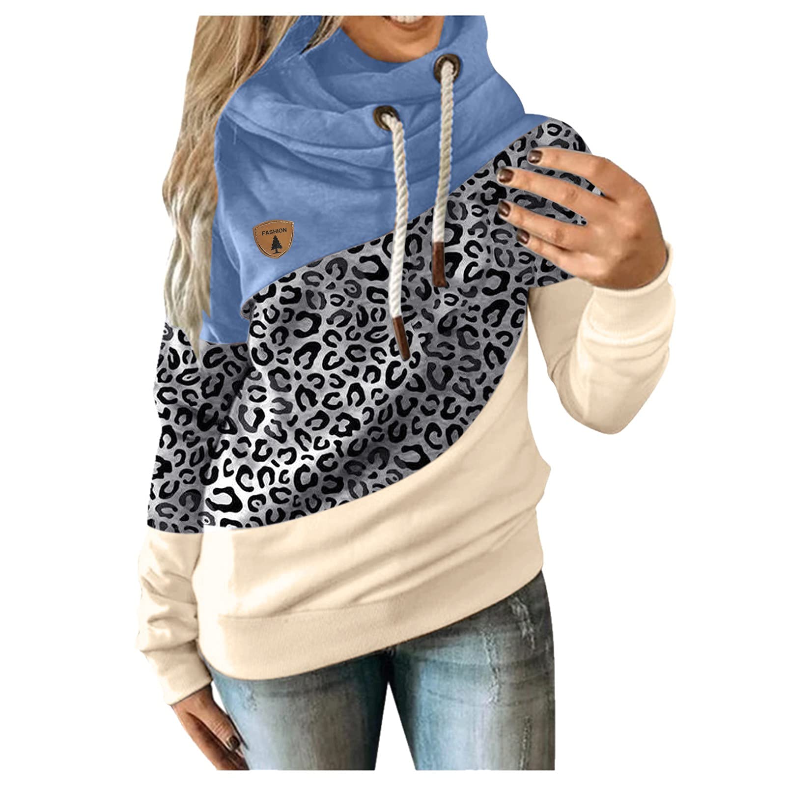 Women's Long Sleeve Leopard Print Hoodie with Contrast Strap - Casual Pullover Sweatshirt for Everyday Wear, Street Style & Lounge Outfits